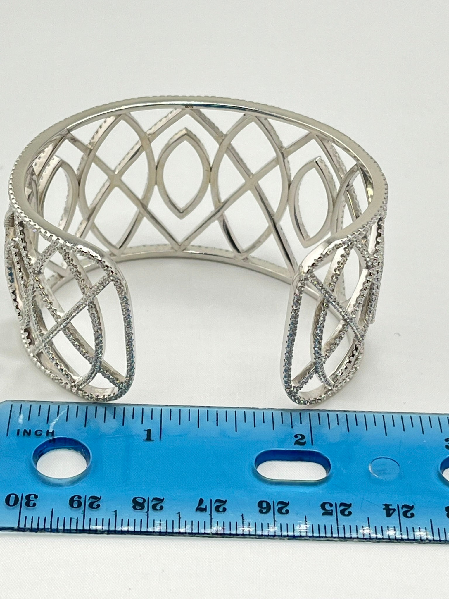 925 Sterling Silver Rhinestone Oval And Rhombus Design Wide Cuff Bracelet
