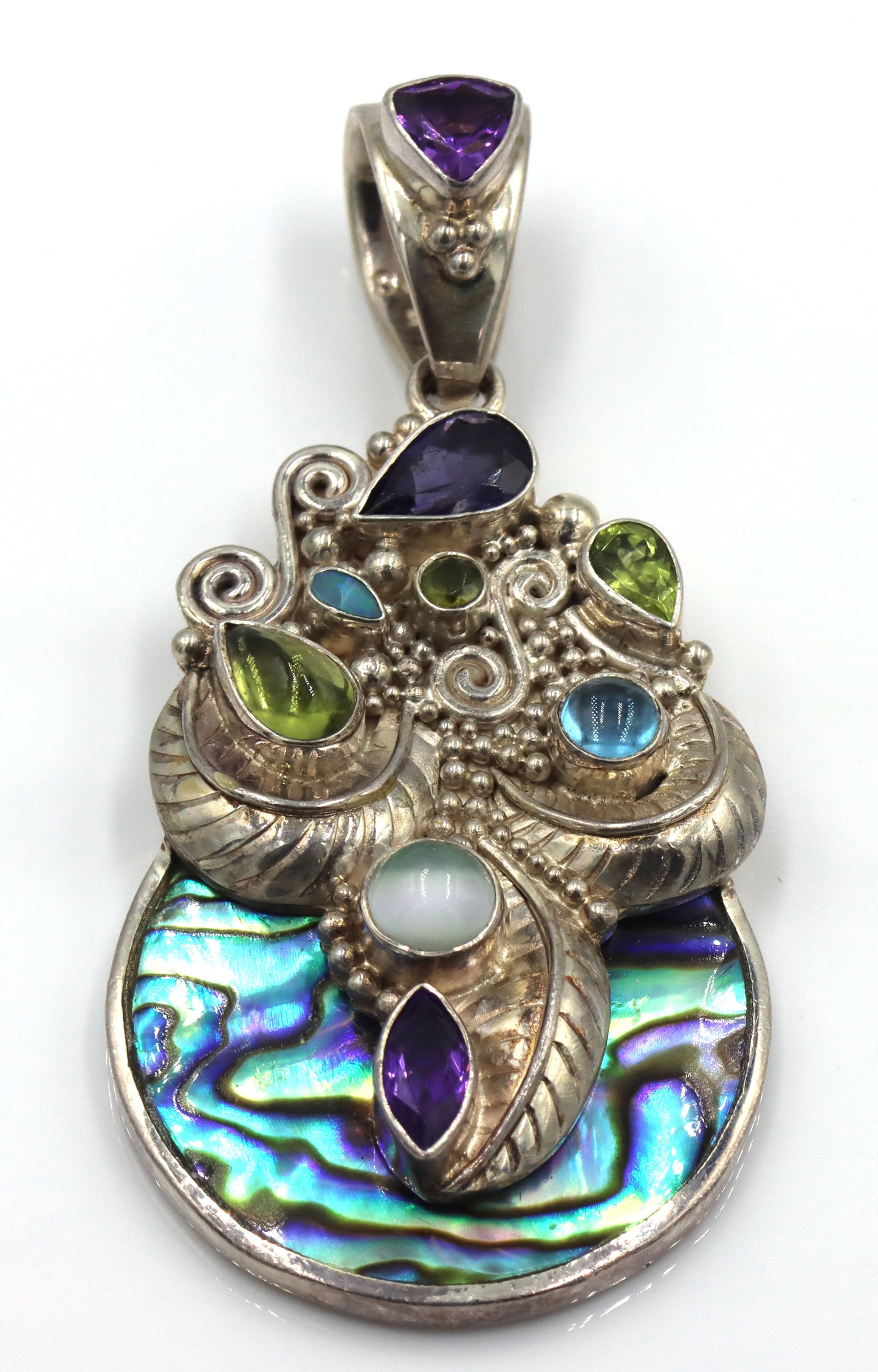 Lot of 2 925 sterling silver Sajen amethyst, abalone and blue topaz pendants