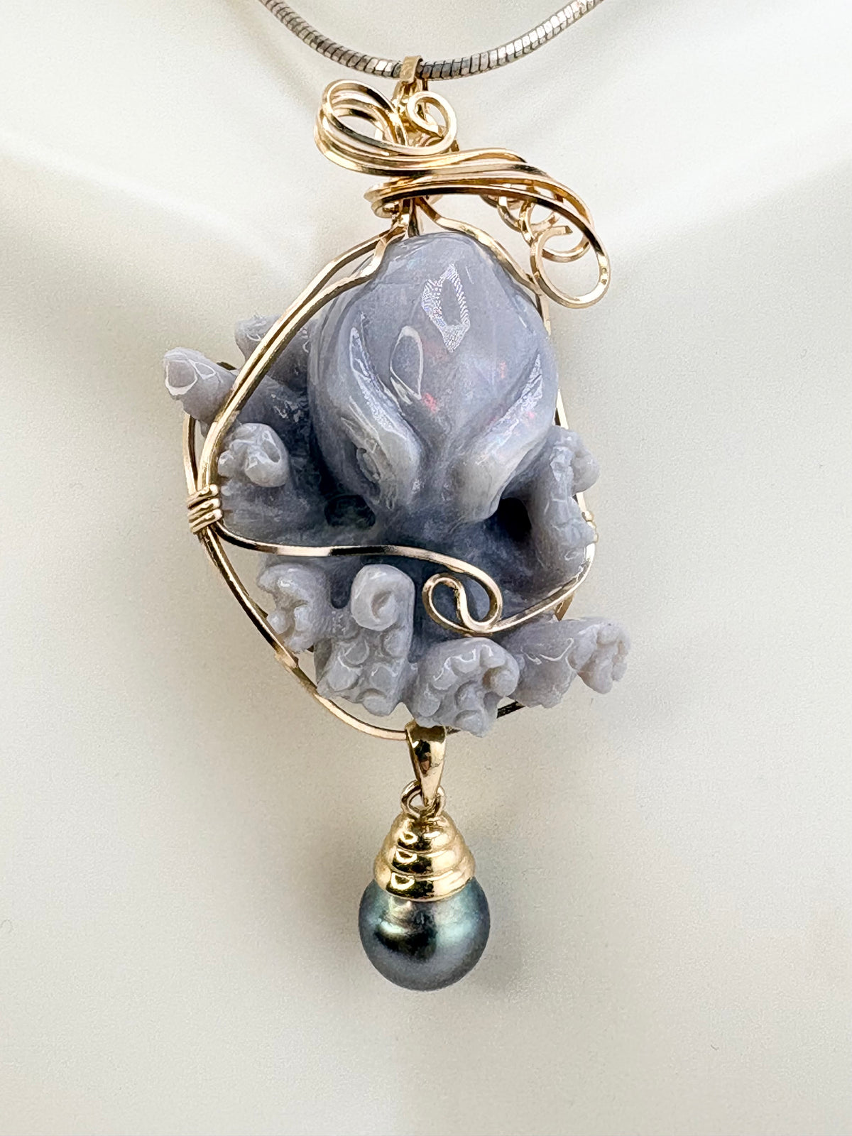 14KT Yellow Gold Hand Carved Jade Octopus  Wrapped In Wire Gold With Pearl Drop Pendant