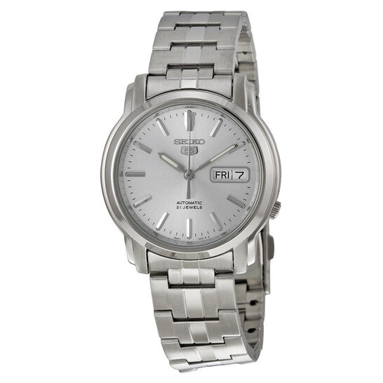 Seiko Men’s Automatic Stainless Steel Watch – Silver Dial, Transparent Case Back, Day-Date Display