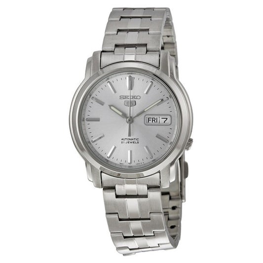 Seiko Men’s Automatic Stainless Steel Watch – Silver Dial, Transparent Case Back, Day-Date Display