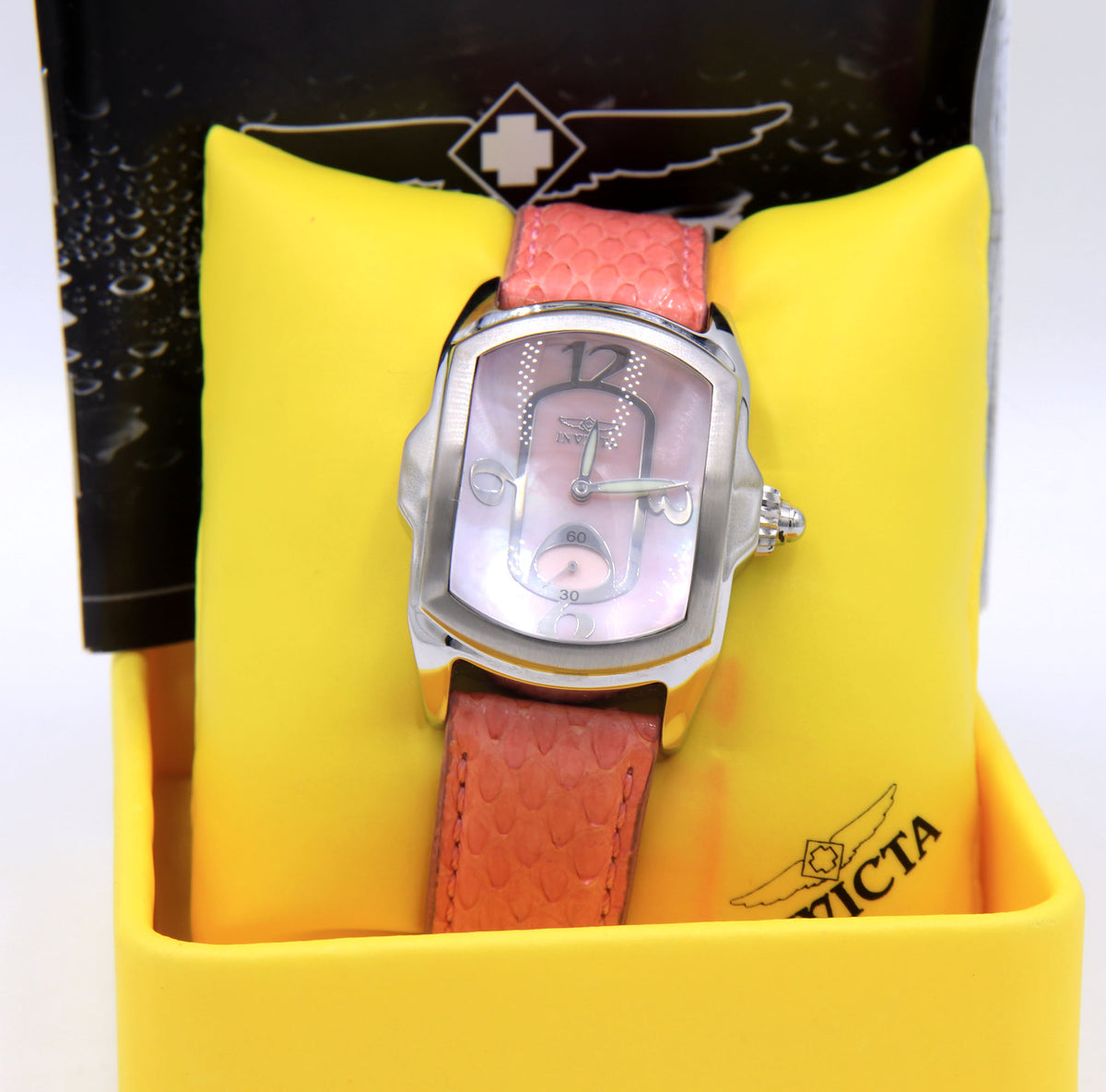 Invicta lady lupah pink dial quartz snake skin strap watch