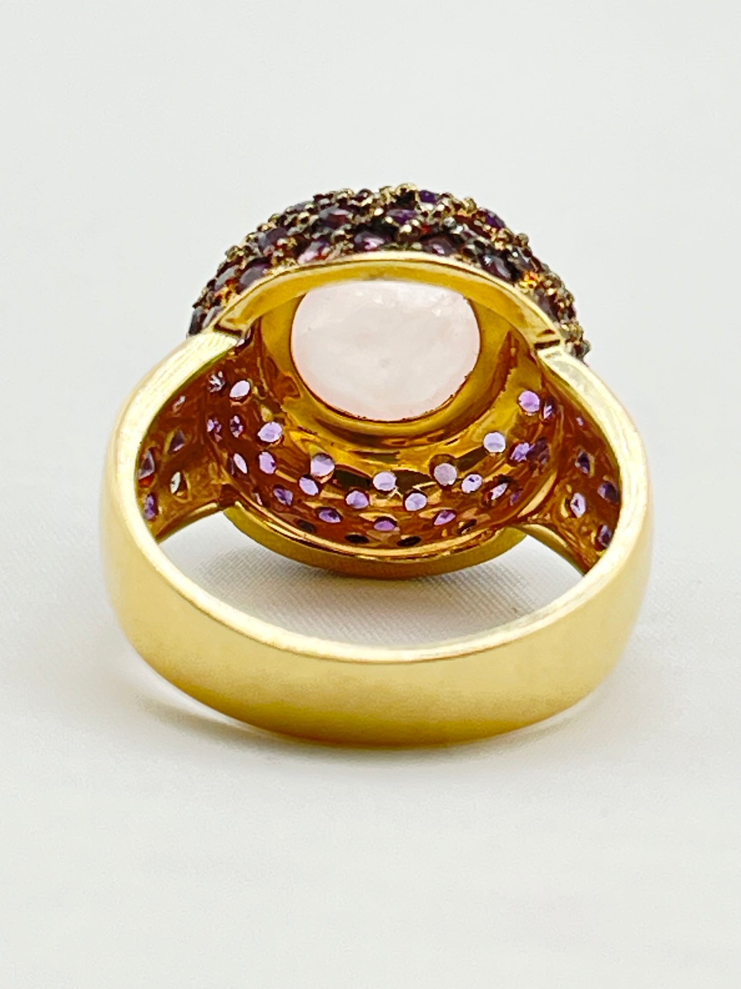 14KT Yellow Gold Cabochon Rose Quartz Center Stone Surrounded By Amethyst Halo Ring