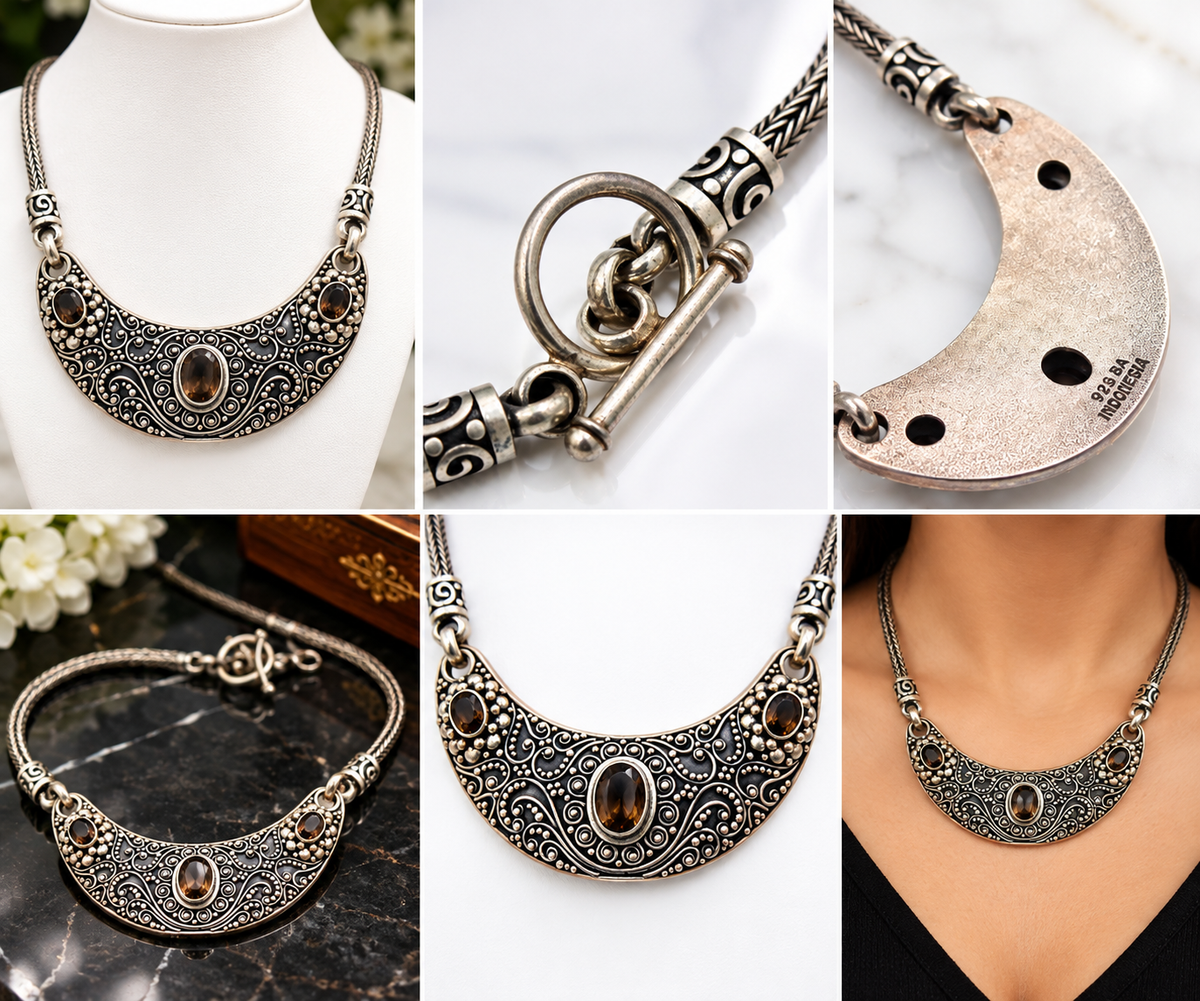 Suarti Bali 925 sterling silver smokey quartz beaded scroll panel necklace