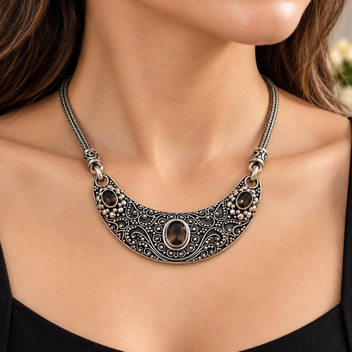 Suarti Bali 925 sterling silver smokey quartz beaded scroll panel necklace