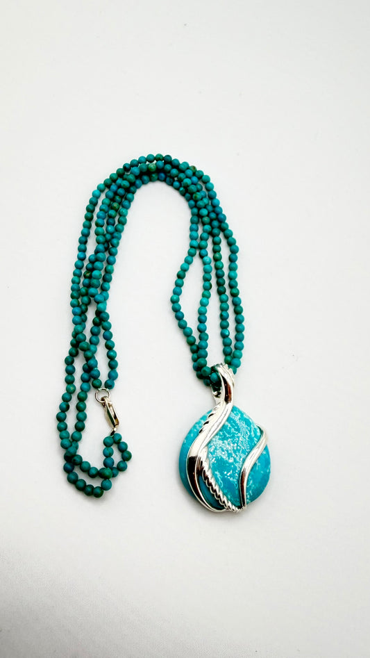 925 Sterling Silver Turquoise Pendant With bead Chain Necklace