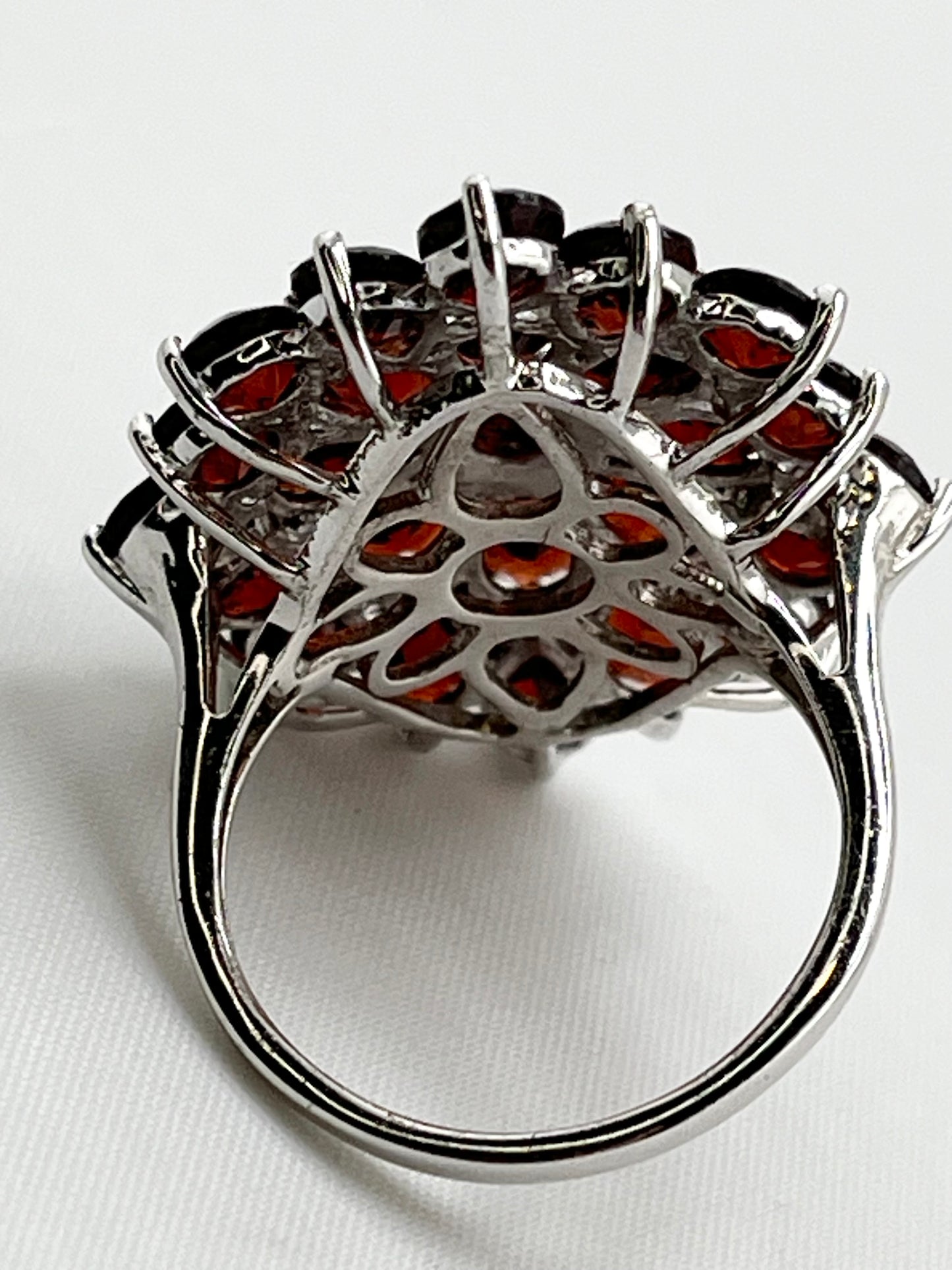 925 Sterling Silver Floral Spray Design Cluster Garnet Ring