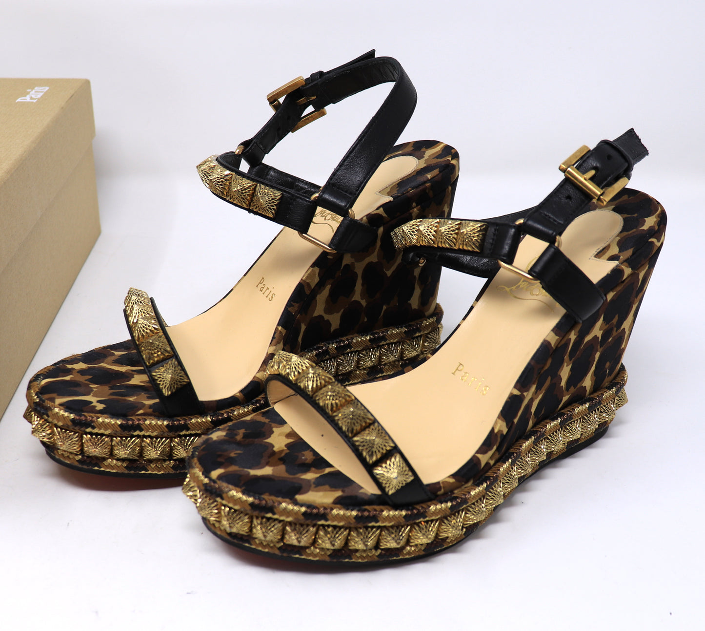 Christian Louboutin Nappa Silk Leopard Pira Ryad 110 Wedge Sandals 36 Black Marron