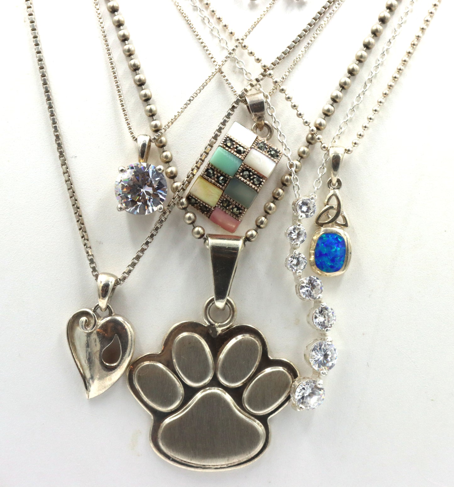 Group lot of 7 vintage 925 sterling silver pendants on chain necklaces