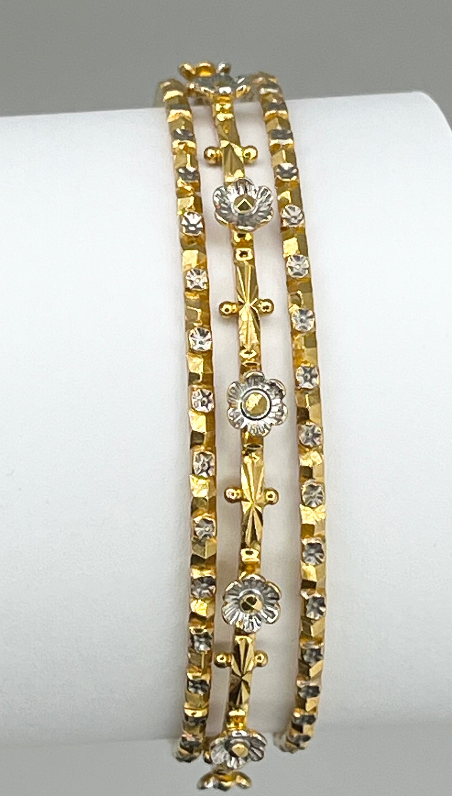 22KT Yellow Gold Hand Made Set Of Three Gold And White Flower Motifs Bangles