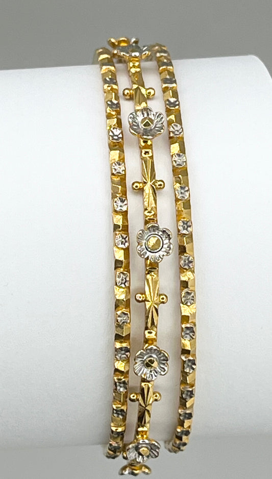 22KT Yellow Gold Hand Made Set Of Three Gold And White Flower Motifs Bangles