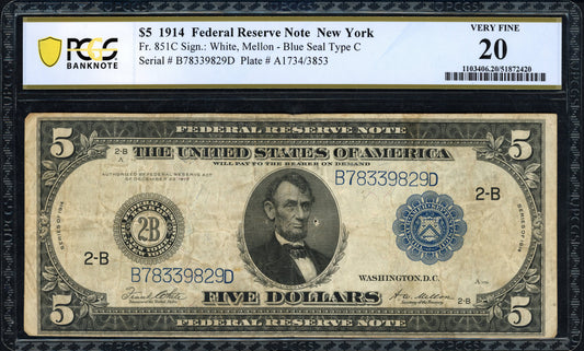 1914 $5 Federal Reserve Note Fr. 851c New York White/Mellon PCGS VF 20