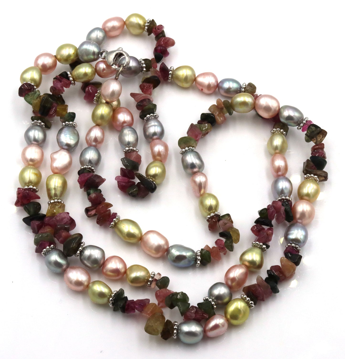 Multi color pearl strand necklace with silver clasp