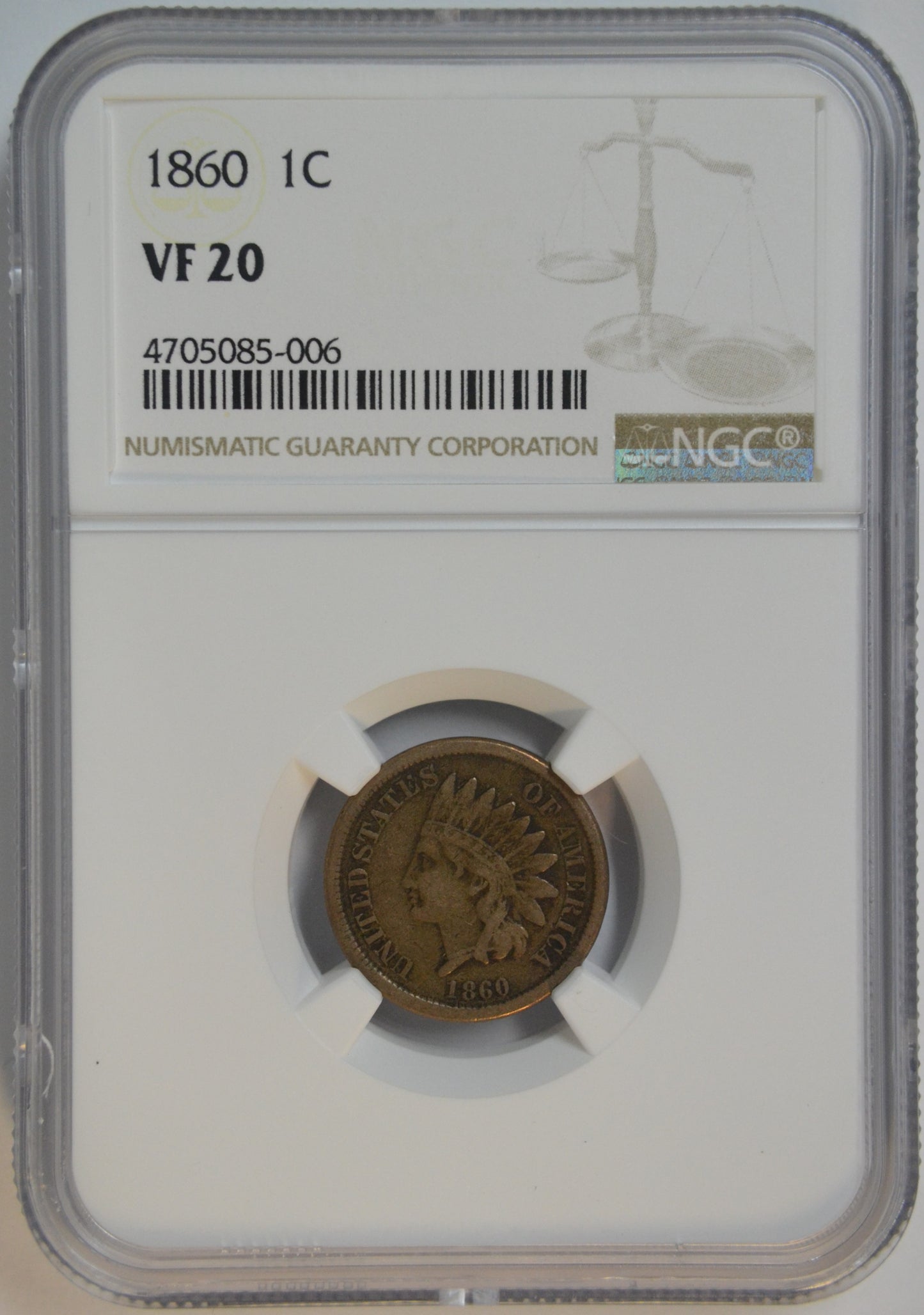1860 Indian Head Cent 1C NGC VF20 Certified Early Civil War Era Copper Coin