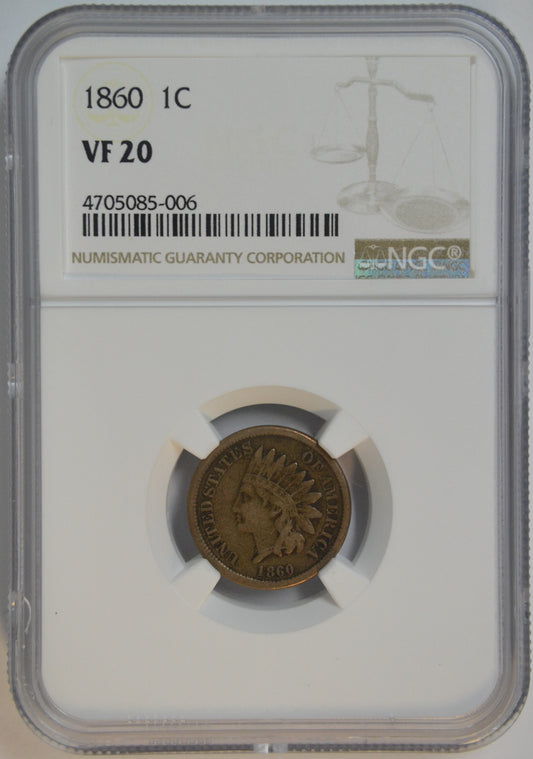 1860 Indian Head Cent 1C NGC VF20 Certified Early Civil War Era Copper Coin
