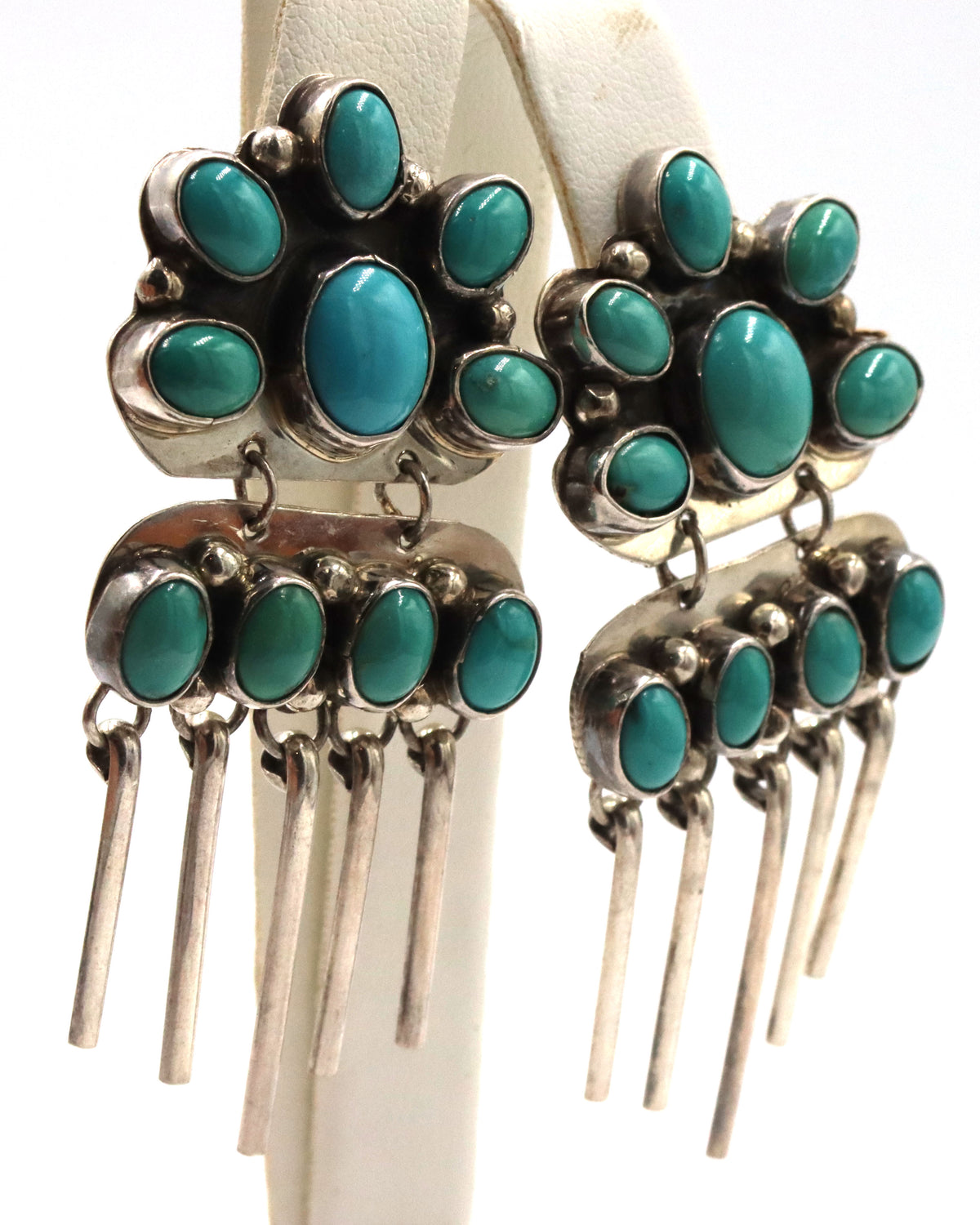 925 Sterling Silver Turquoise Flower Cluster Chandelier Dangle Earrings With Hanging Silver Fringe B