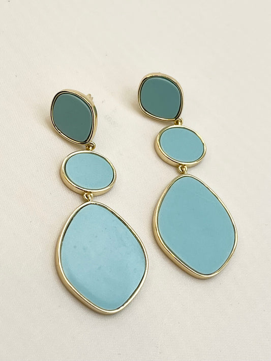925 Gold Tone Sterling Silver Three Drop Blue Stone Earrings