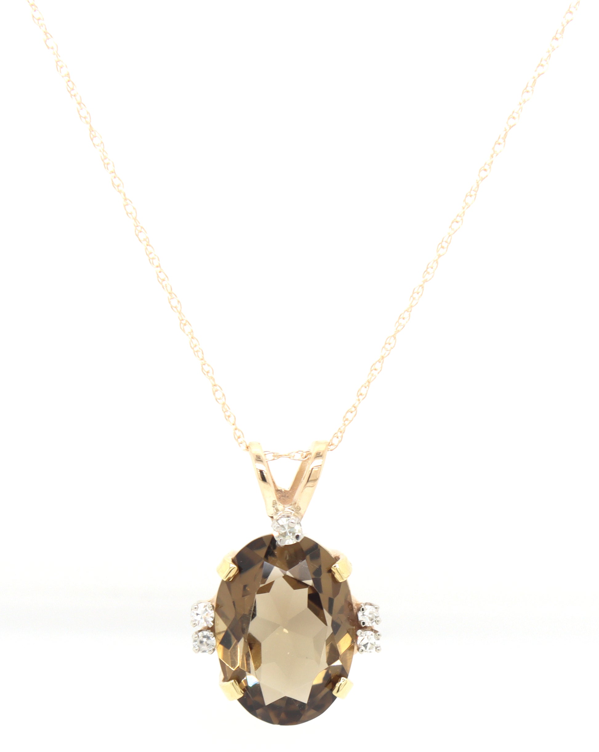 14kt Yellow gold Oval smokey quartz and diamond pendant on chain