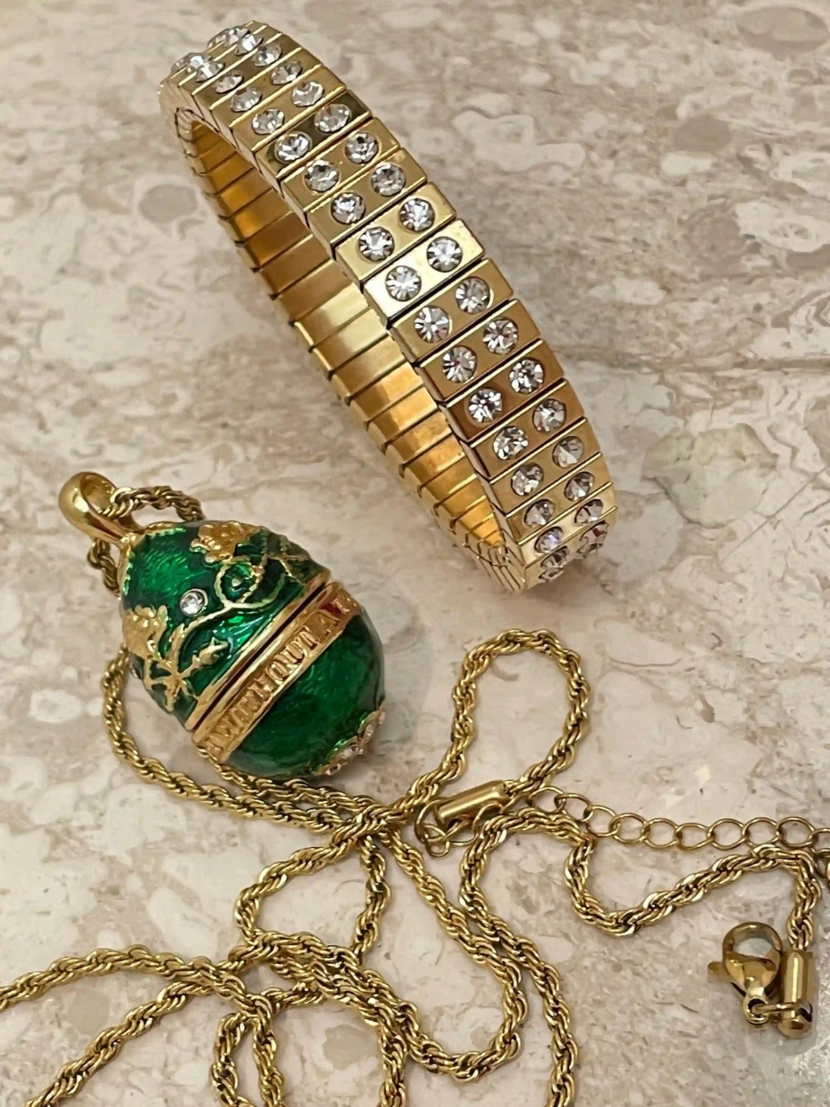 Imperial Green Egg Pendant & 24K Gold Accent Bracelet Set – Handset Austrian Crystal Jewelry Collect