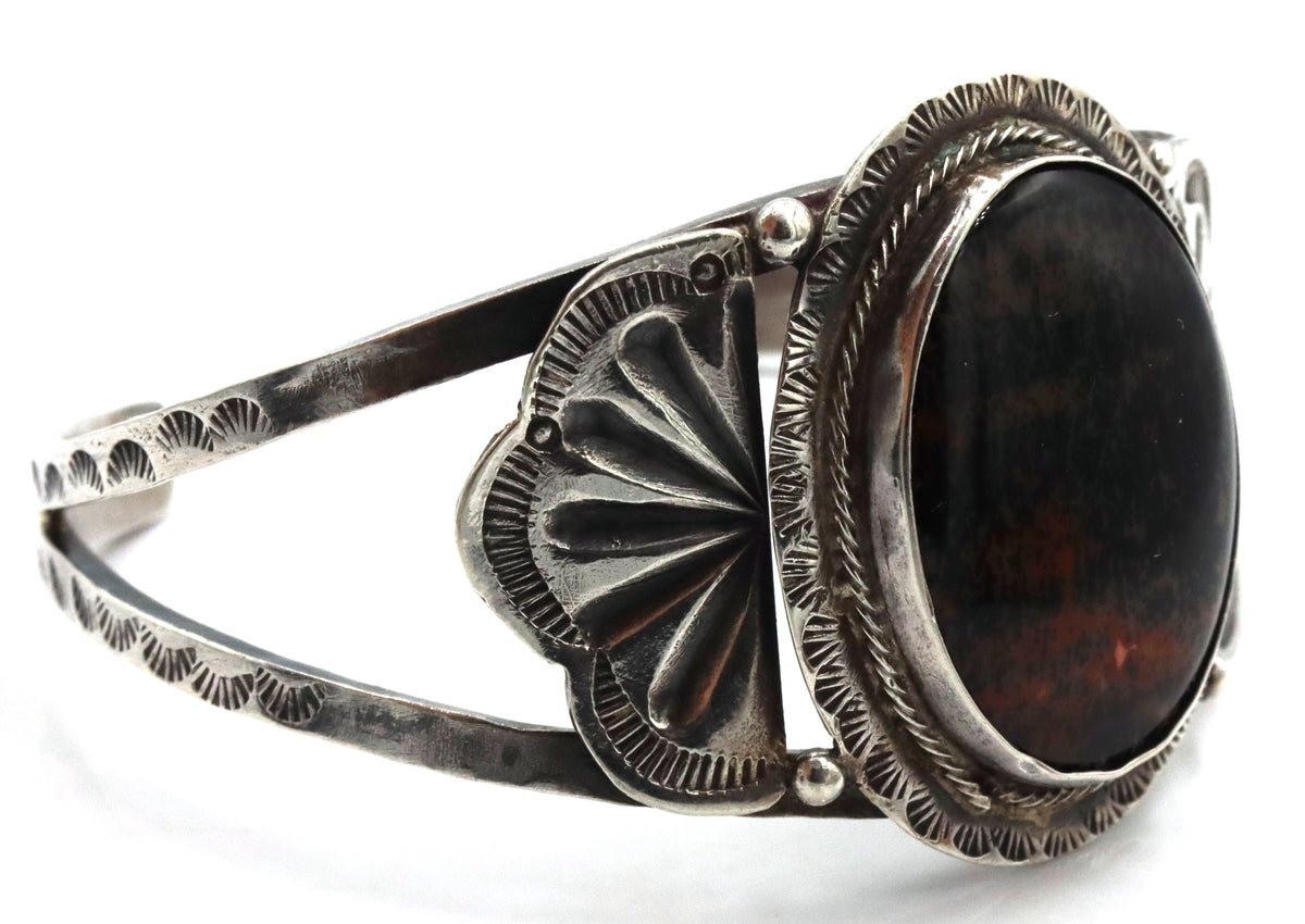 925 Sterling Silver Vintage Native American Navajo Pertified Wood Center Piece Cuff Bracelet