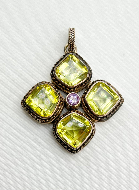 Vintage 925 Sterling Silver Lori Bonn Four Cushion Cut Lemon Citrine Pendant