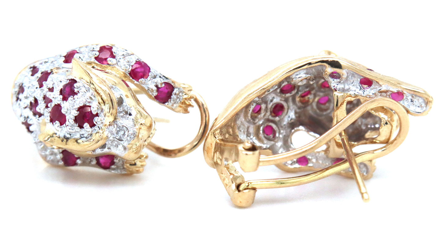 Set of 14kt Yellow gold ruby and diamond panther ring and matching earrings
