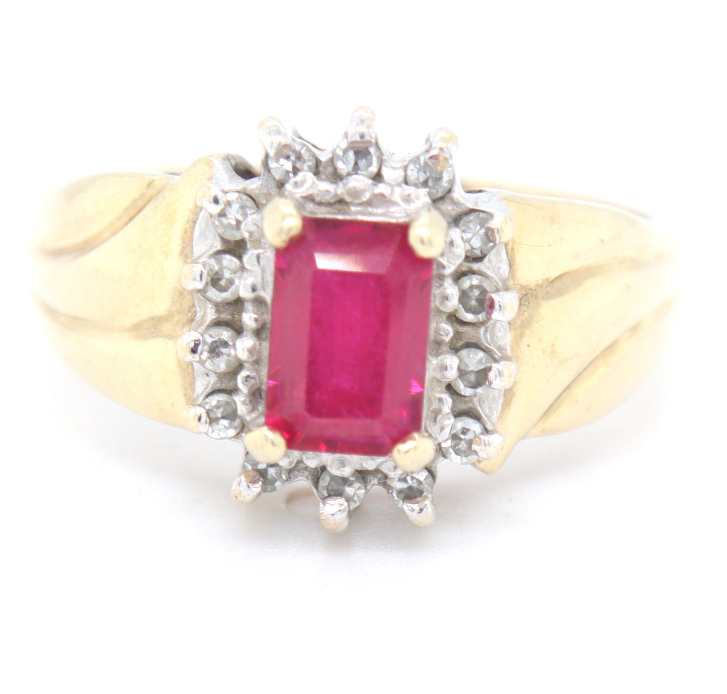 10kt Yellow gold Synthetic ruby and diamond ring
