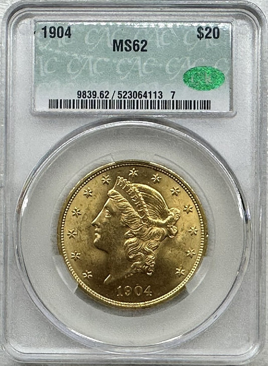 1904 $20 Liberty Head Double Eagle Gold Coin CAC Certified MS62
