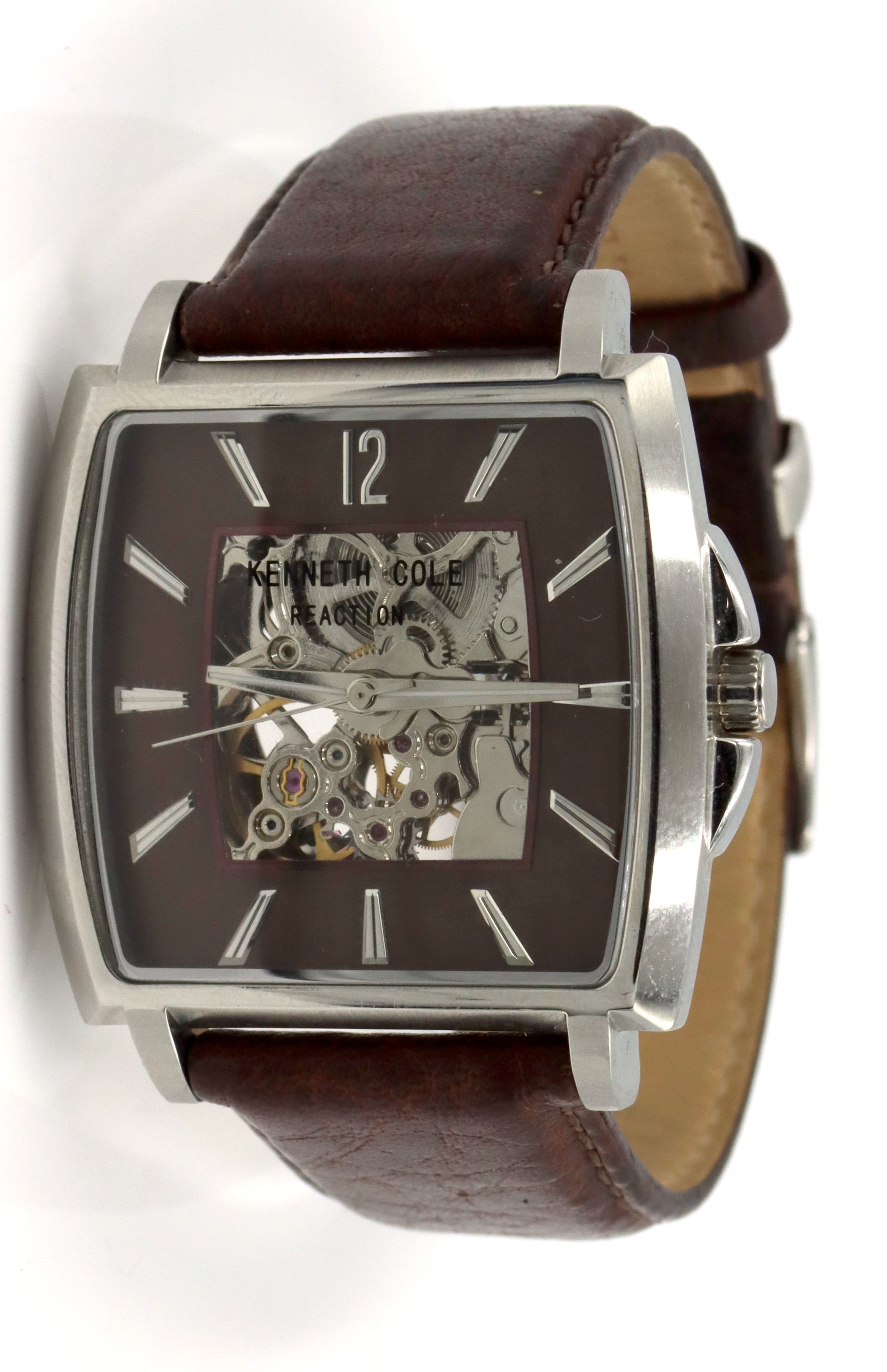 Kenneth Cole Tank Skeleton leather band watch