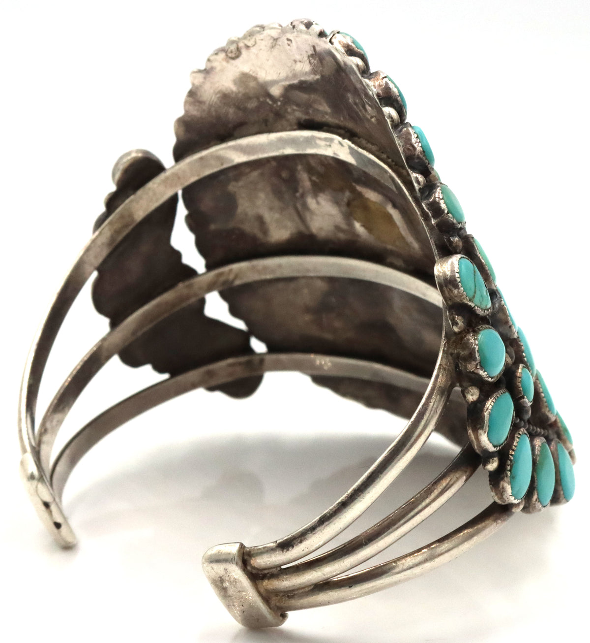 925 Vintage Sterling Silver Rare Large Intricate Cluster  Natural Turquoise Cuff Bracelet