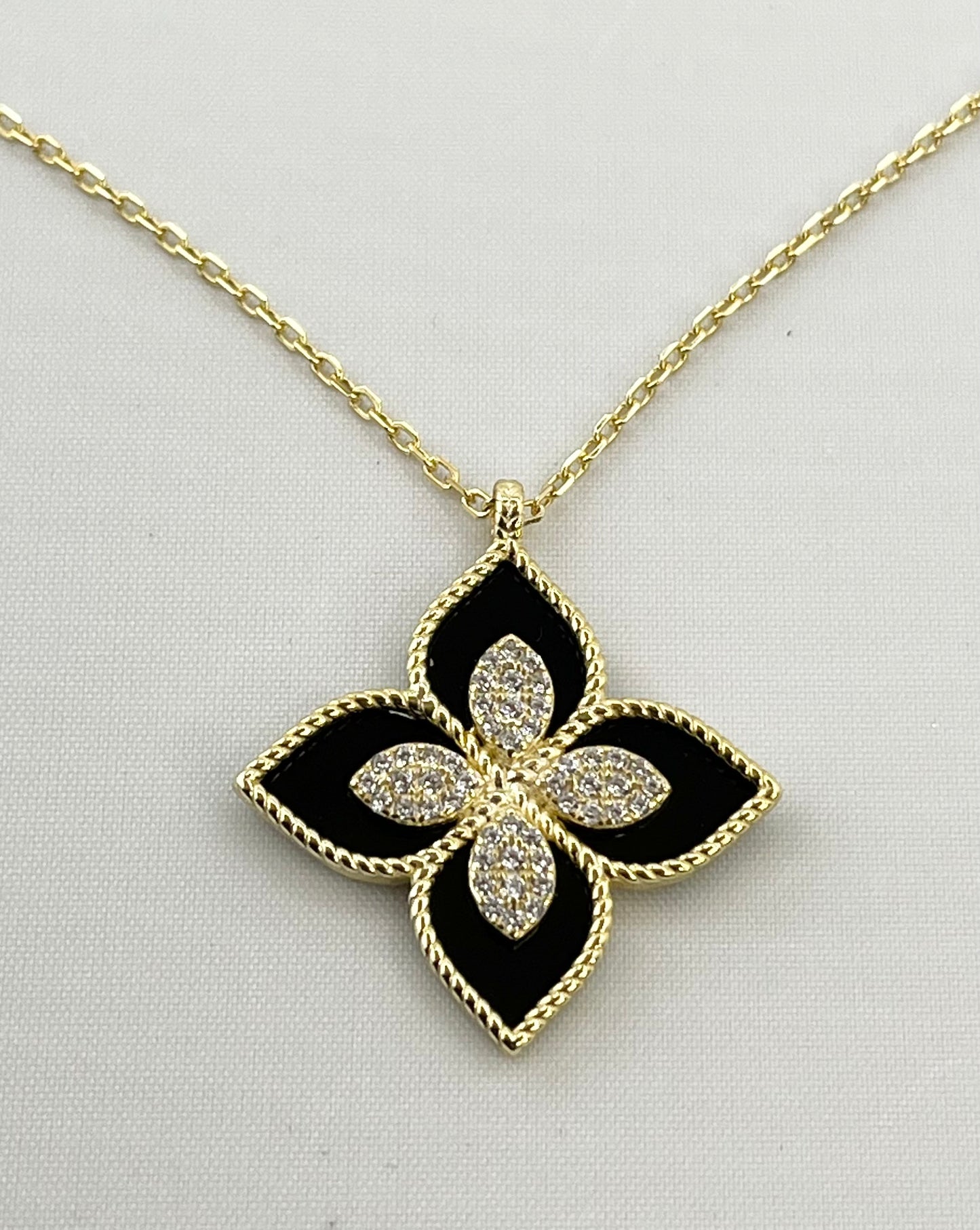 925 Sterling Silver Gold Tone Flower Princess Black Onyx With Crystal Accent Pendant