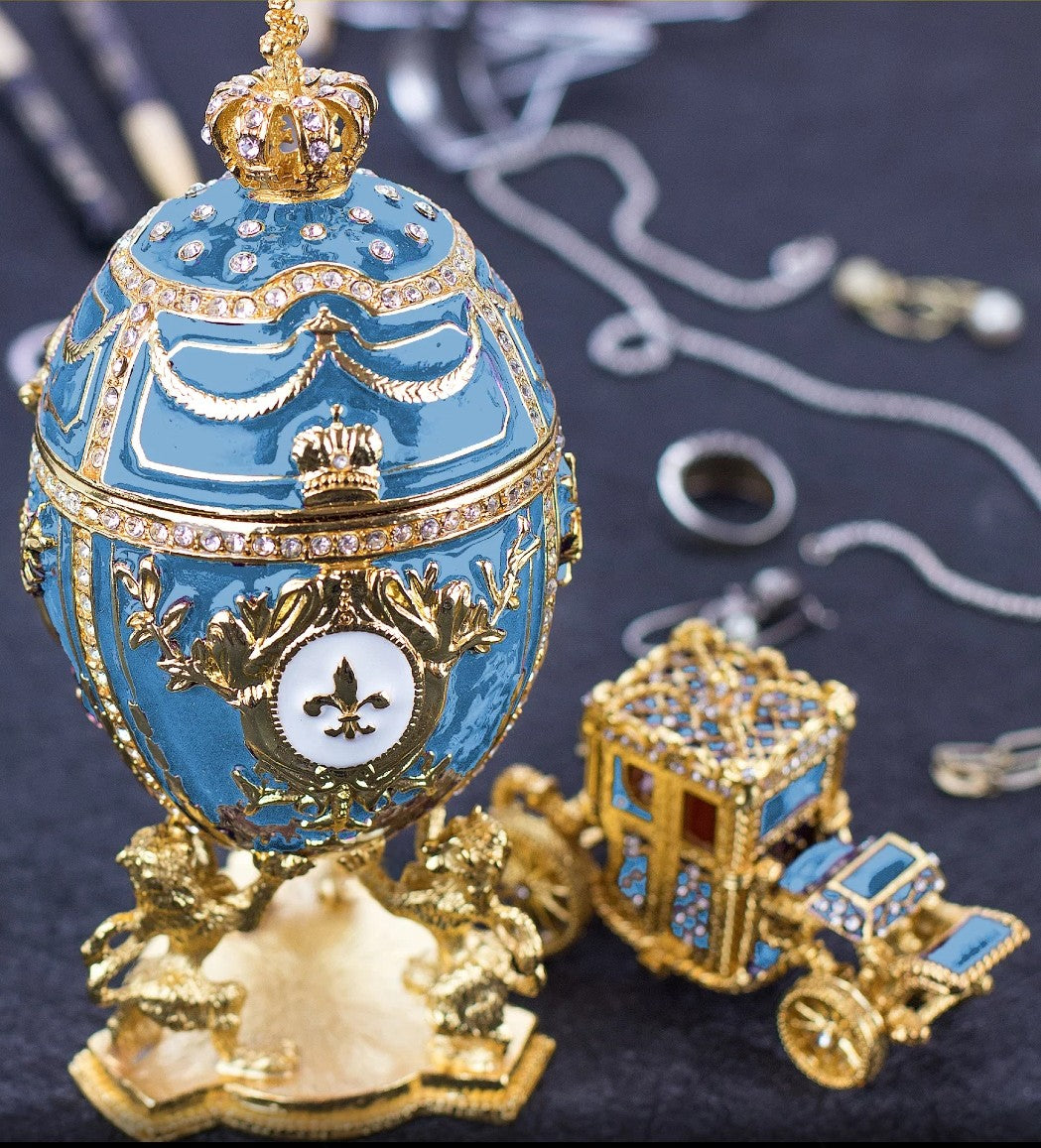 Royal Imperial Aqua Russian Fabergé Egg Replica with Aqua Carriage