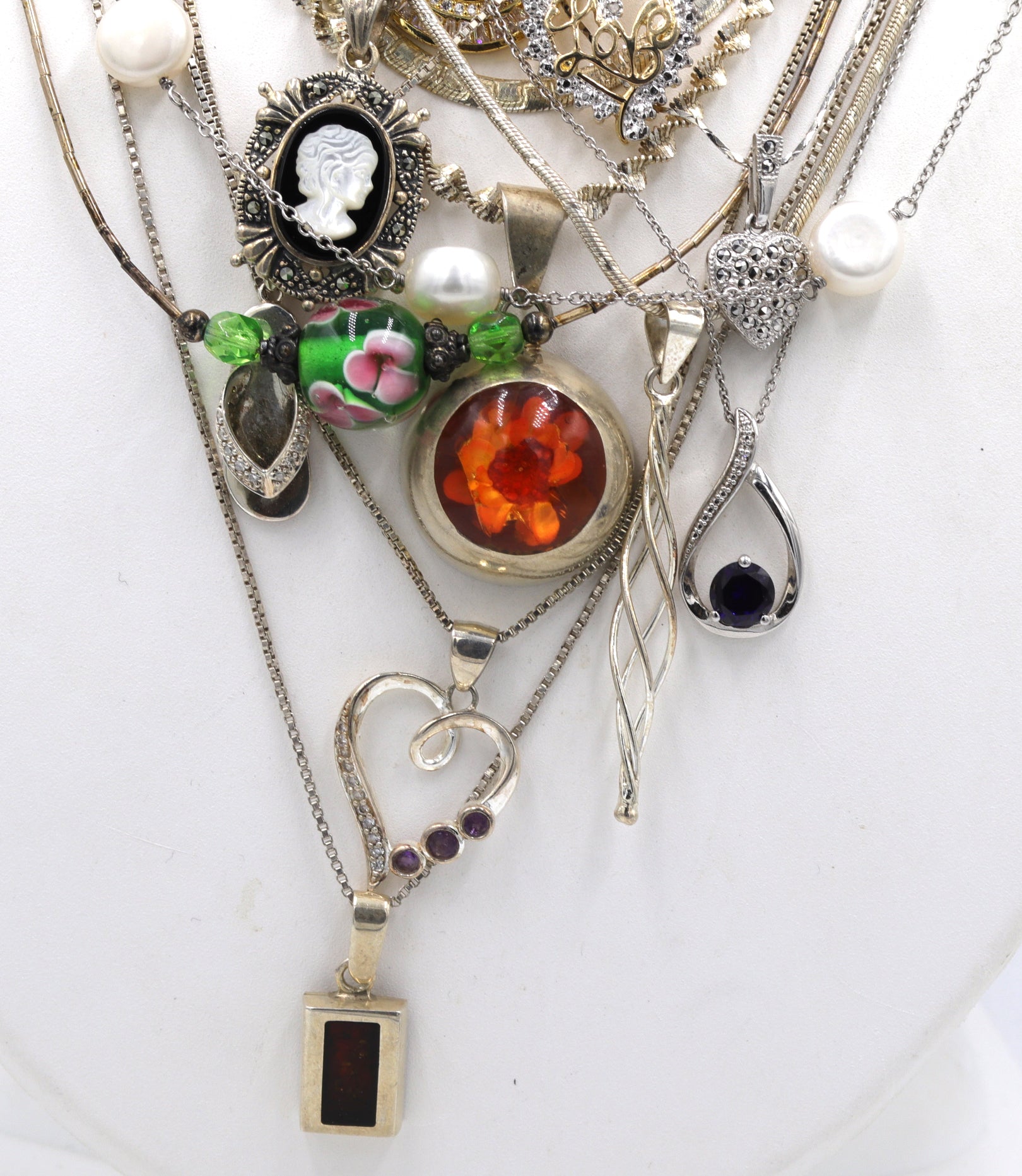 Group lot of 14 necklaces in Vintage 925 sterling silver