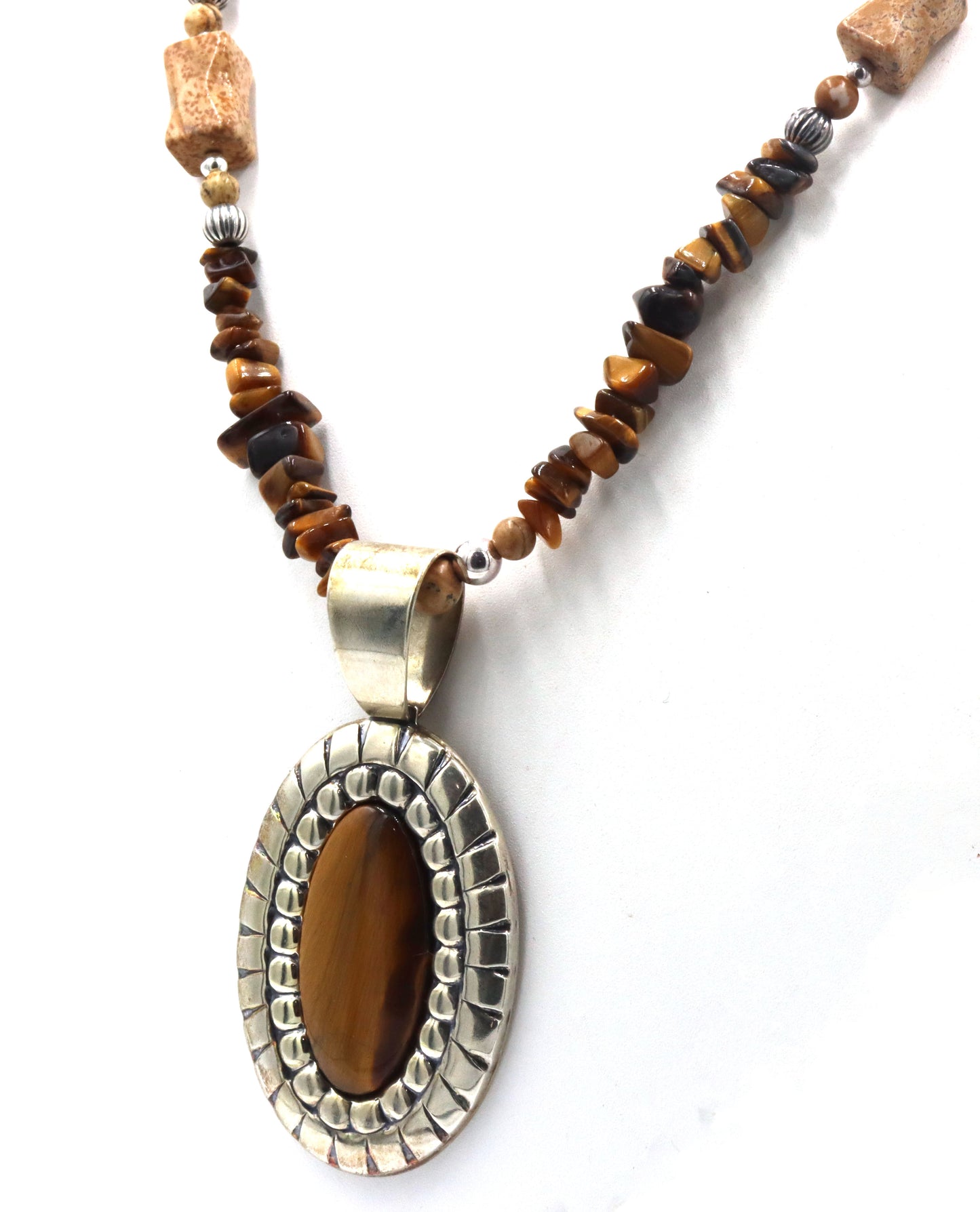 925 Sterling silver tiger eye pendant on beaded tiger eye necklace