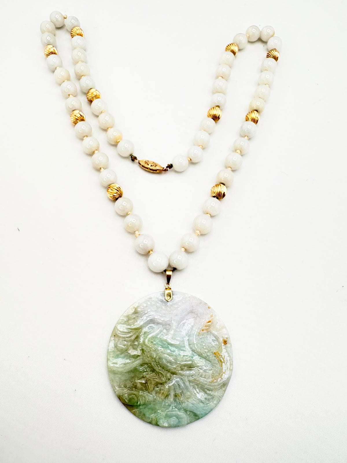 14KT Yellow Gold Vintage Light Green  Jade Accented With Textured Gold Balls Spacer And a Large Disk