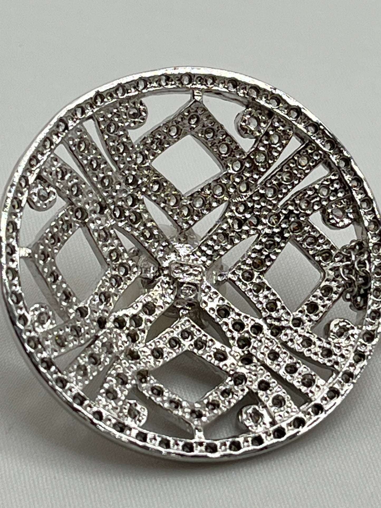 925 Sterling Silver Filigree Round Crystal Pave With carved Rose Motif In Center Pendant With Double