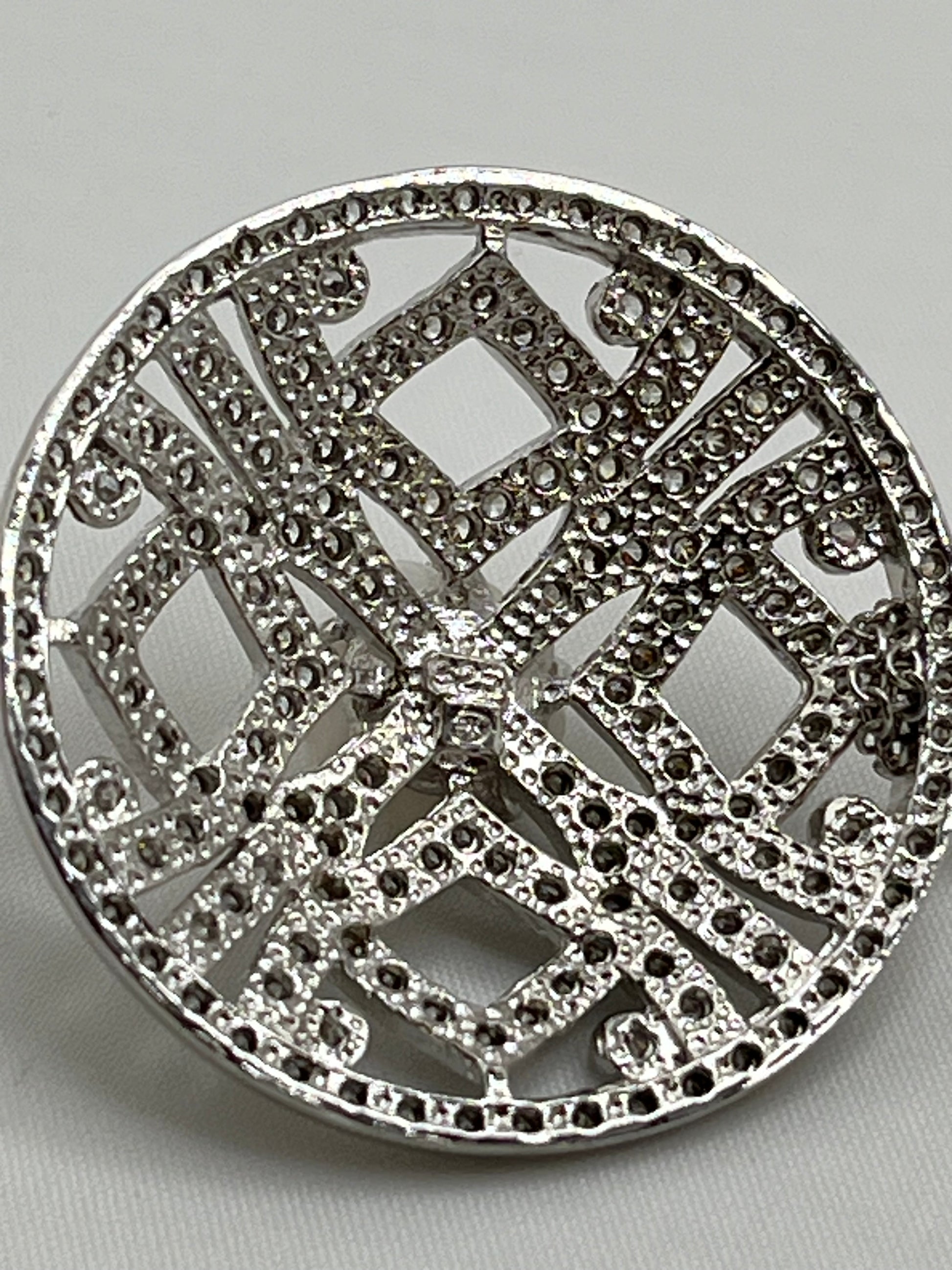 925 Sterling Silver Filigree Round Crystal Pave With carved Rose Motif In Center Pendant With Double