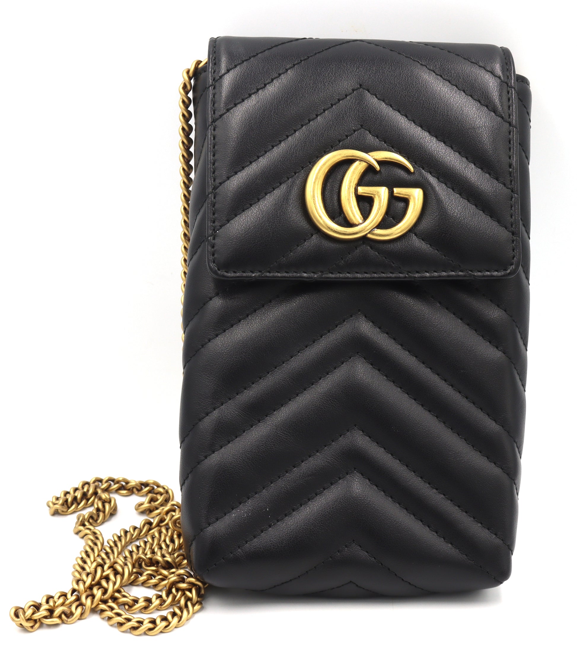 Gucci GG Marmont black chevron leather phone pouch chain cross body bag