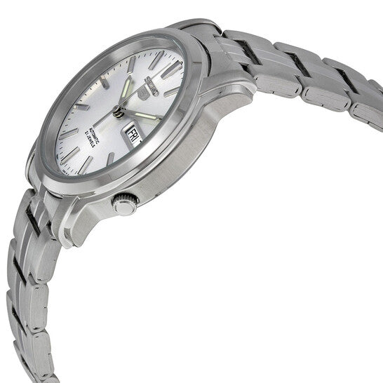 Seiko Men’s Automatic Stainless Steel Watch – Silver Dial, Transparent Case Back, Day-Date Display