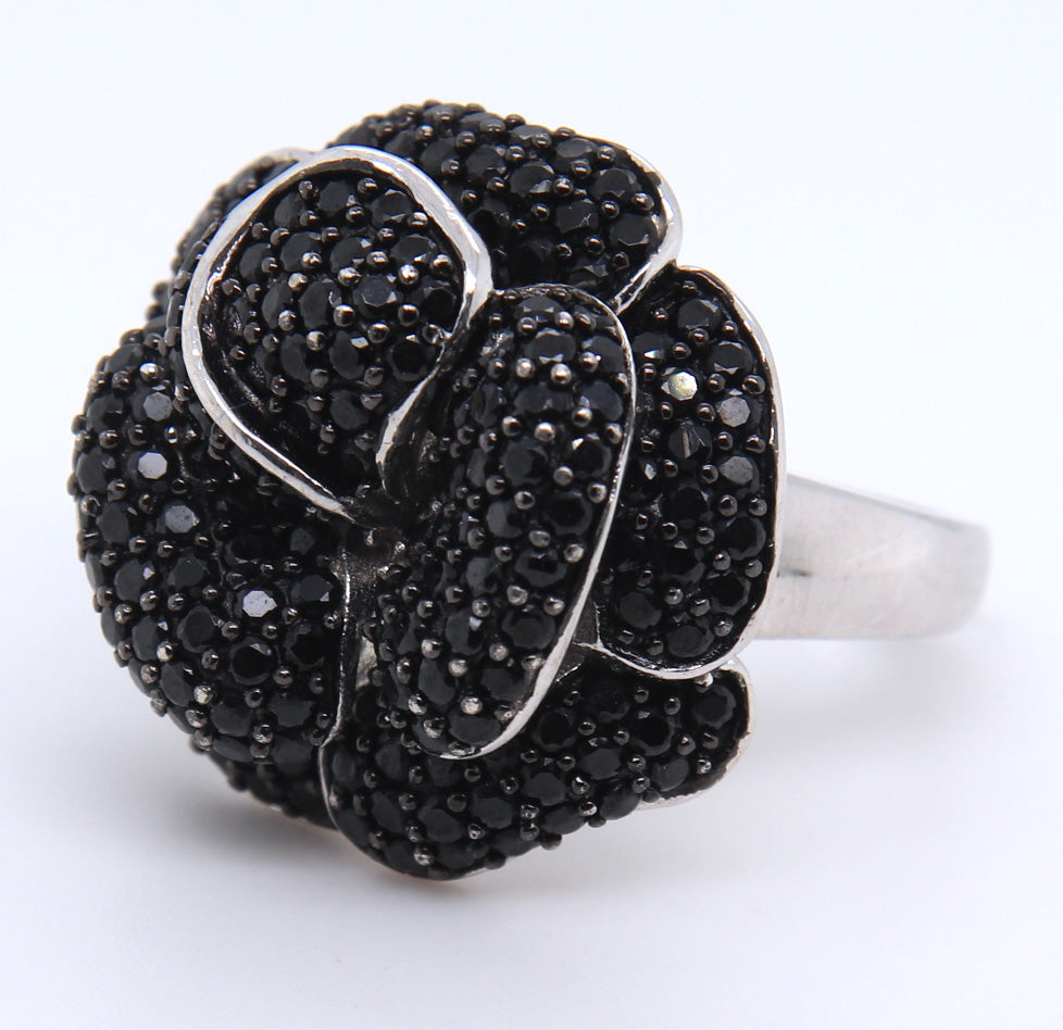 925 Sterling Silver Black Cubic Zirconia Flower Design Ring