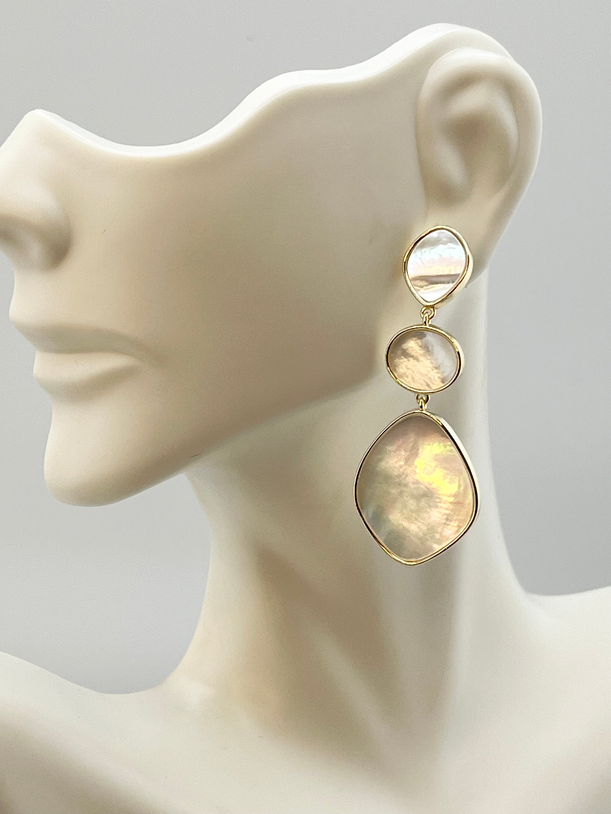925 Gold Tone Sterling Silver  Mother of Pear; Three Drop Earrings