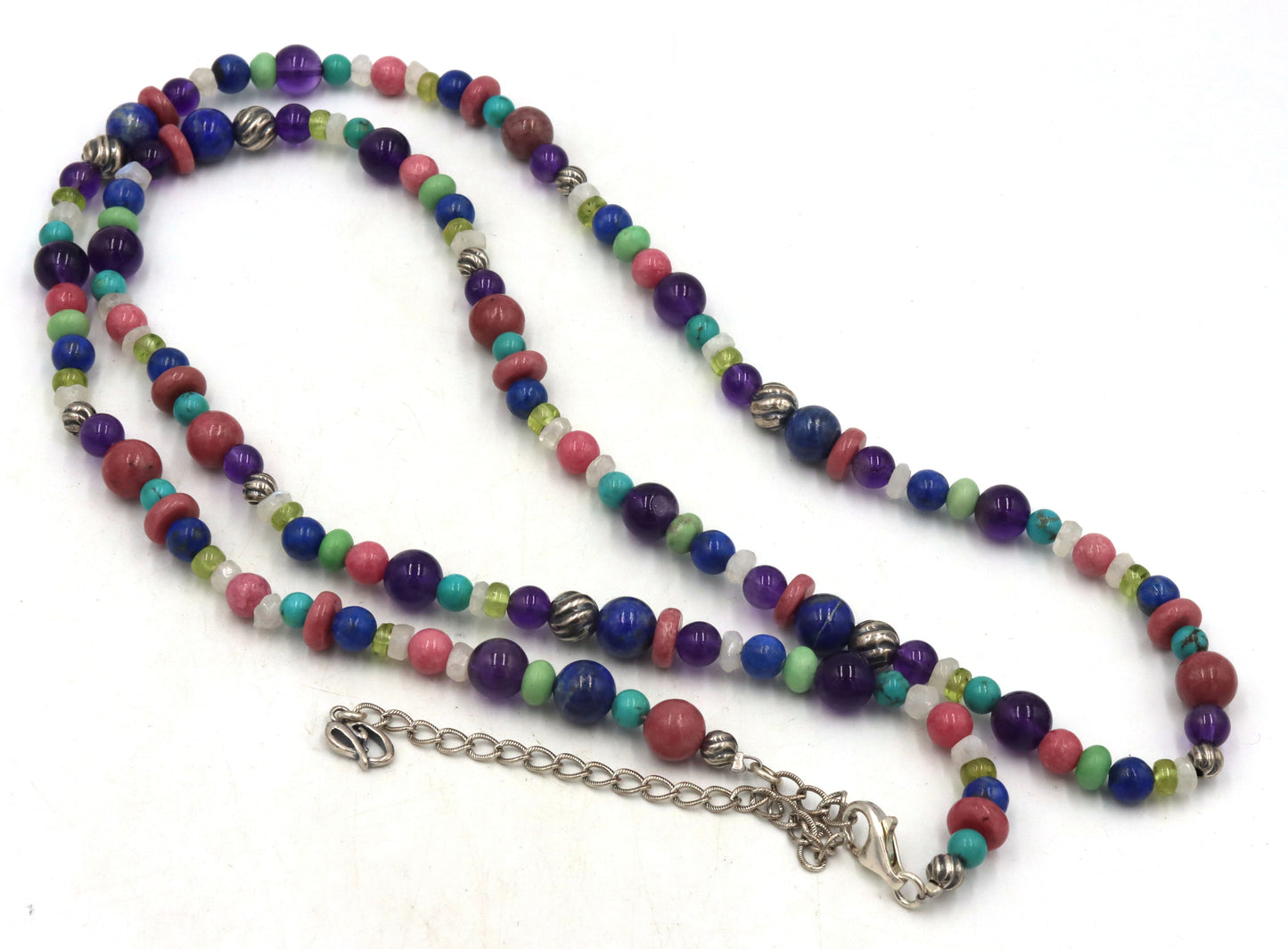 Multi color gemstone and silver beaded necklace