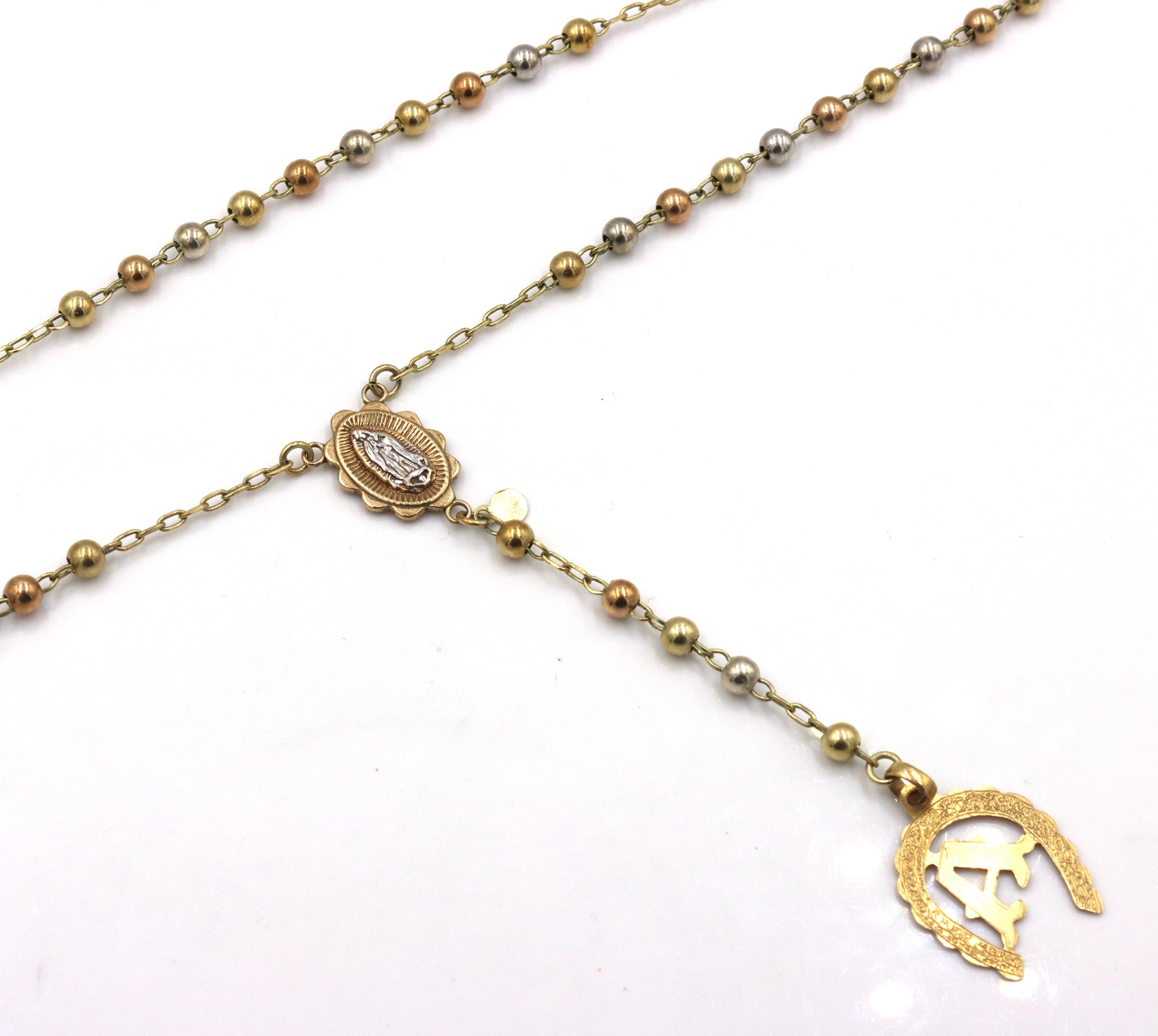 14kt Tri color gold Rosary necklace with A initial