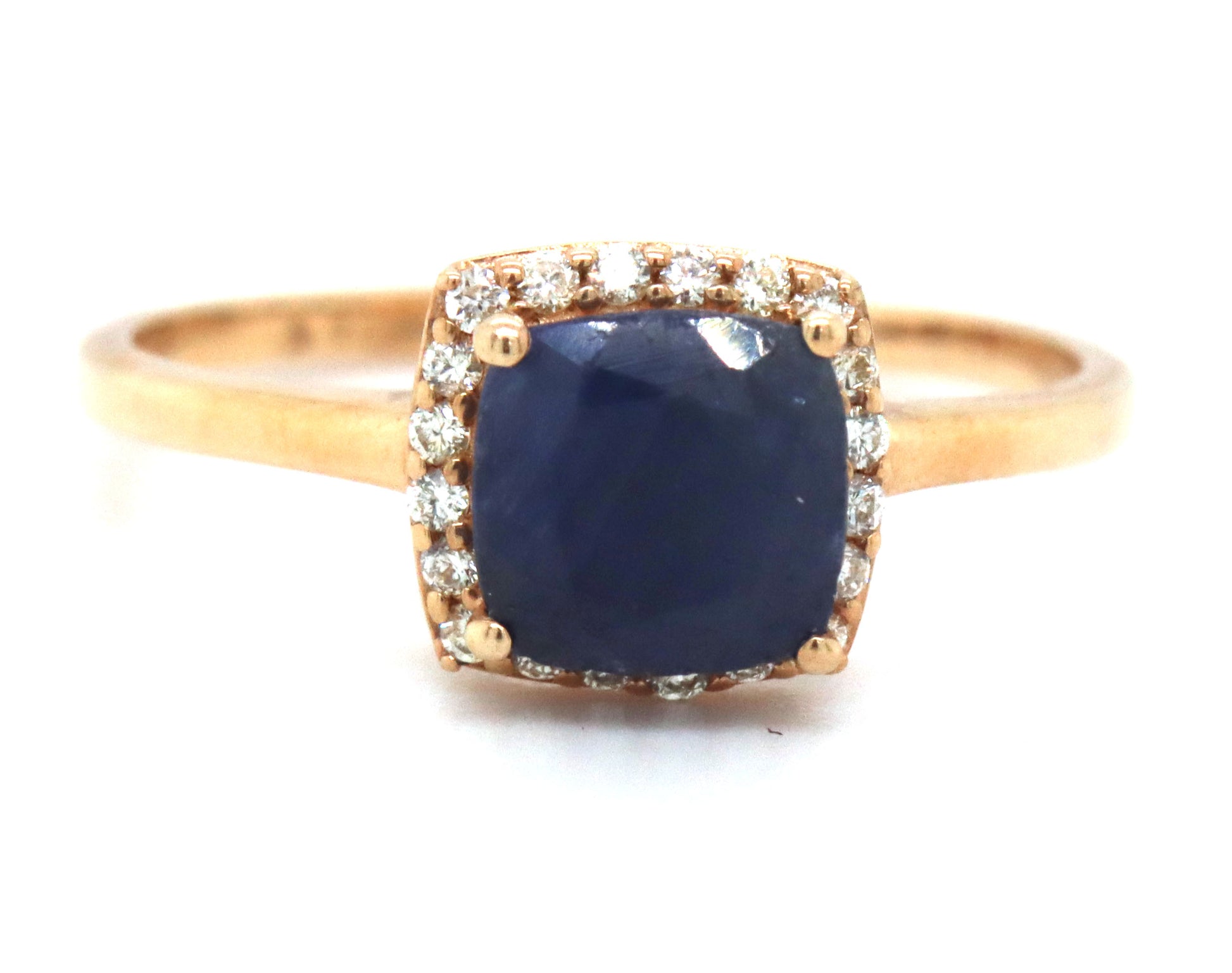 10kt Yellow gold cushion sapphire and diamond halo ring