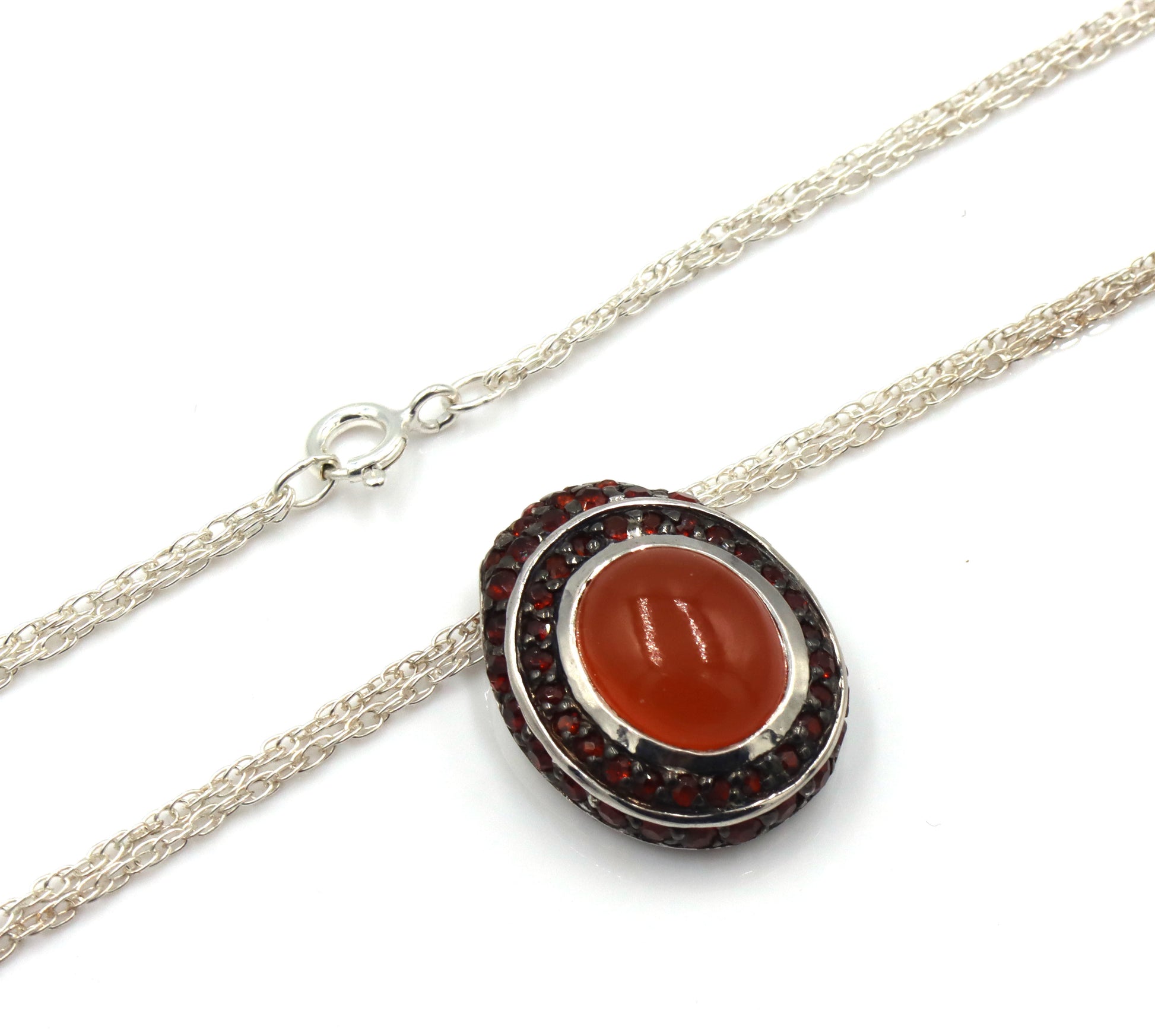 925 Sterling silver signed orange Jade pendant on double chain necklace