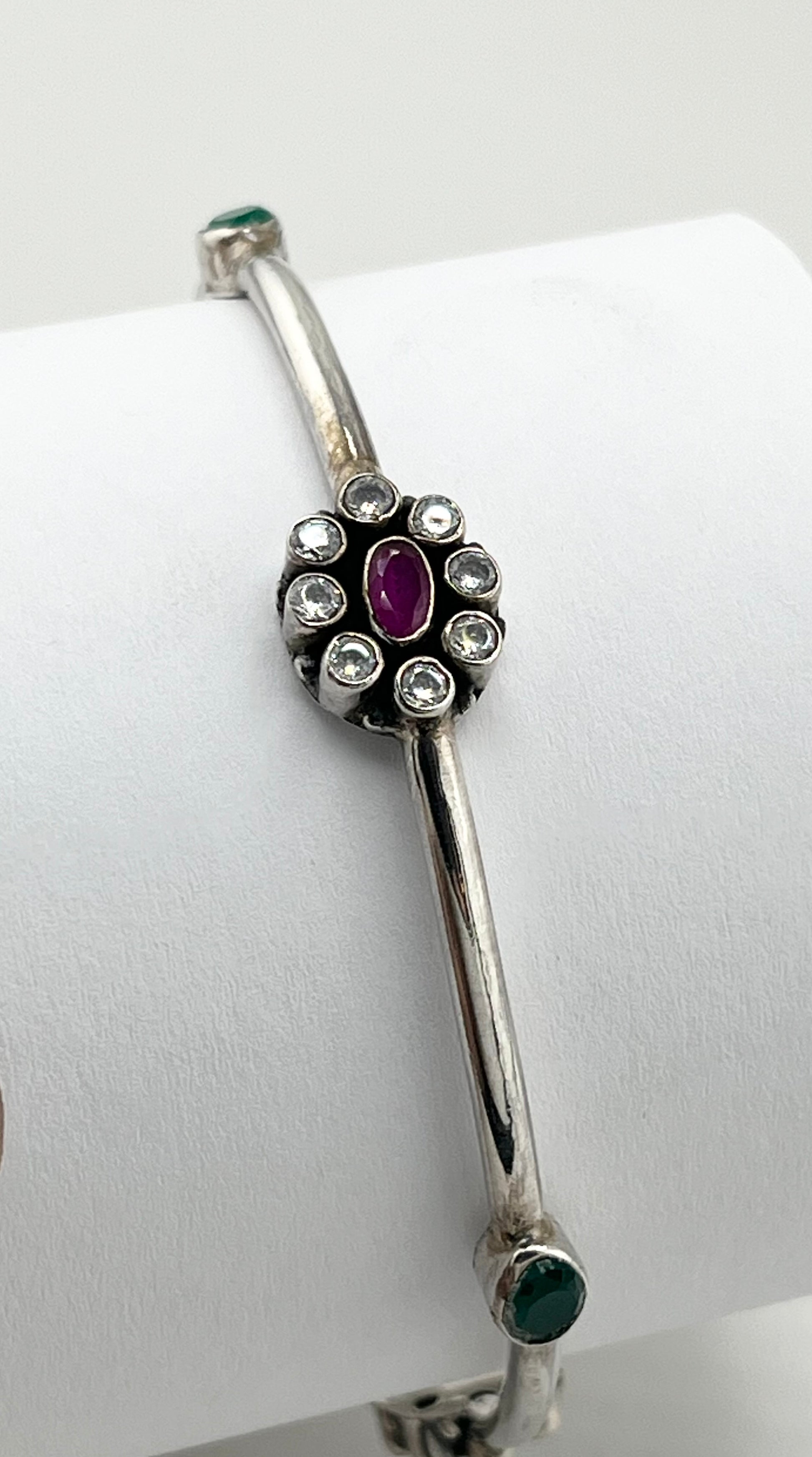 925 Sterling Silver Ruby And Emerald Accents Along The Bangle Bracelet