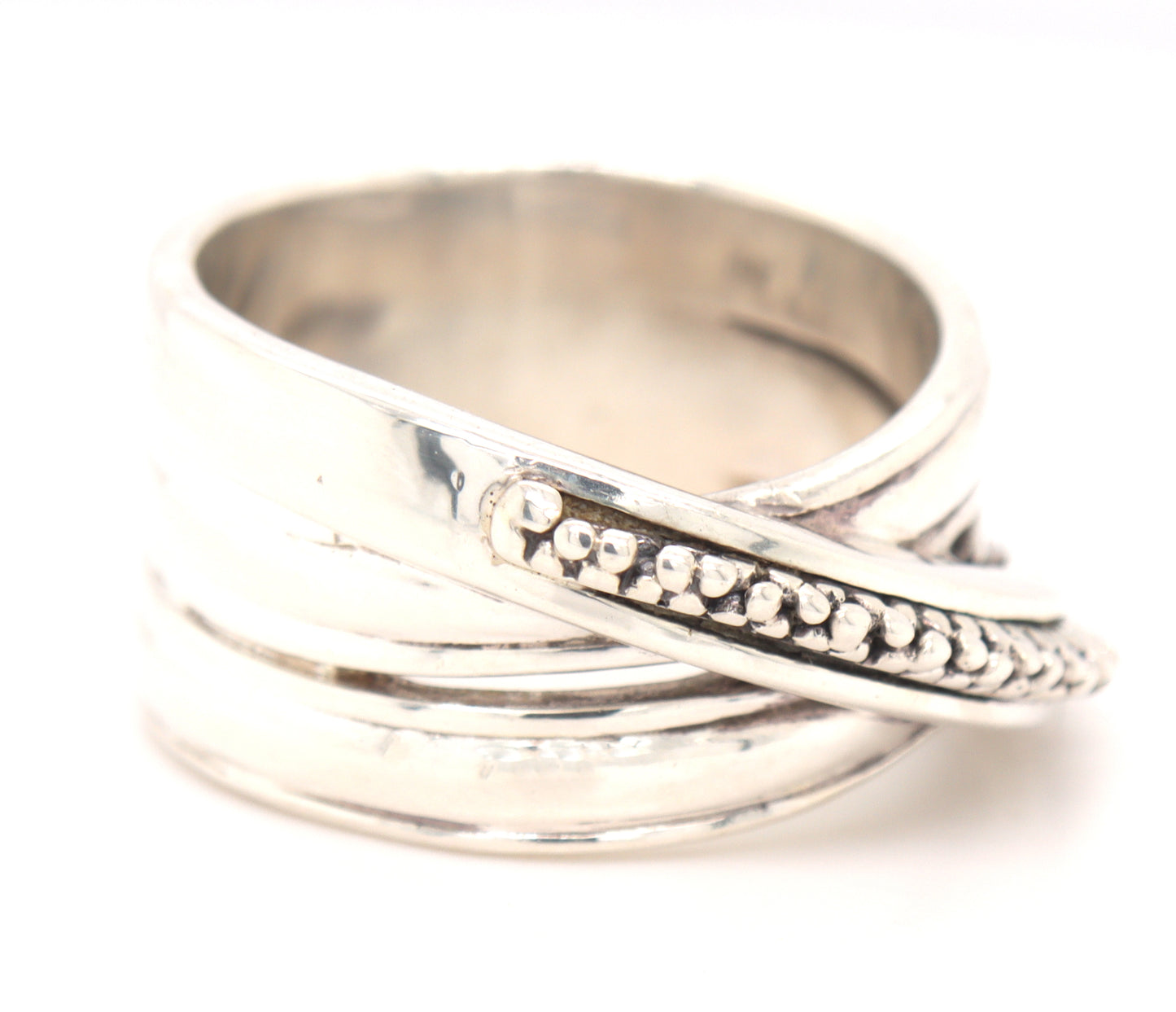 Michael Dawkins bead cross over ring in 925 sterling silver