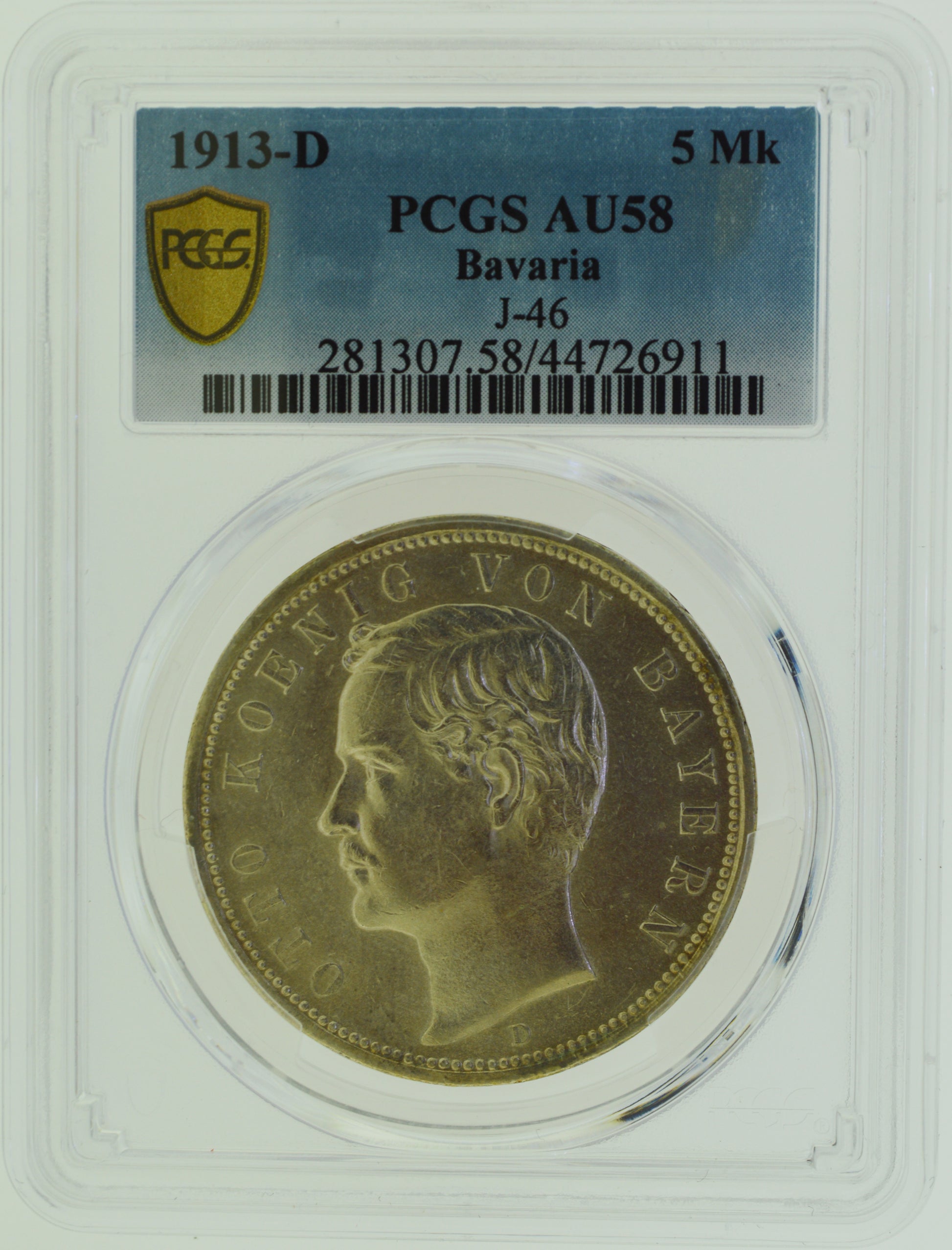 1913-D Munich Bavaria Germany 5 Mark PCGS AU58