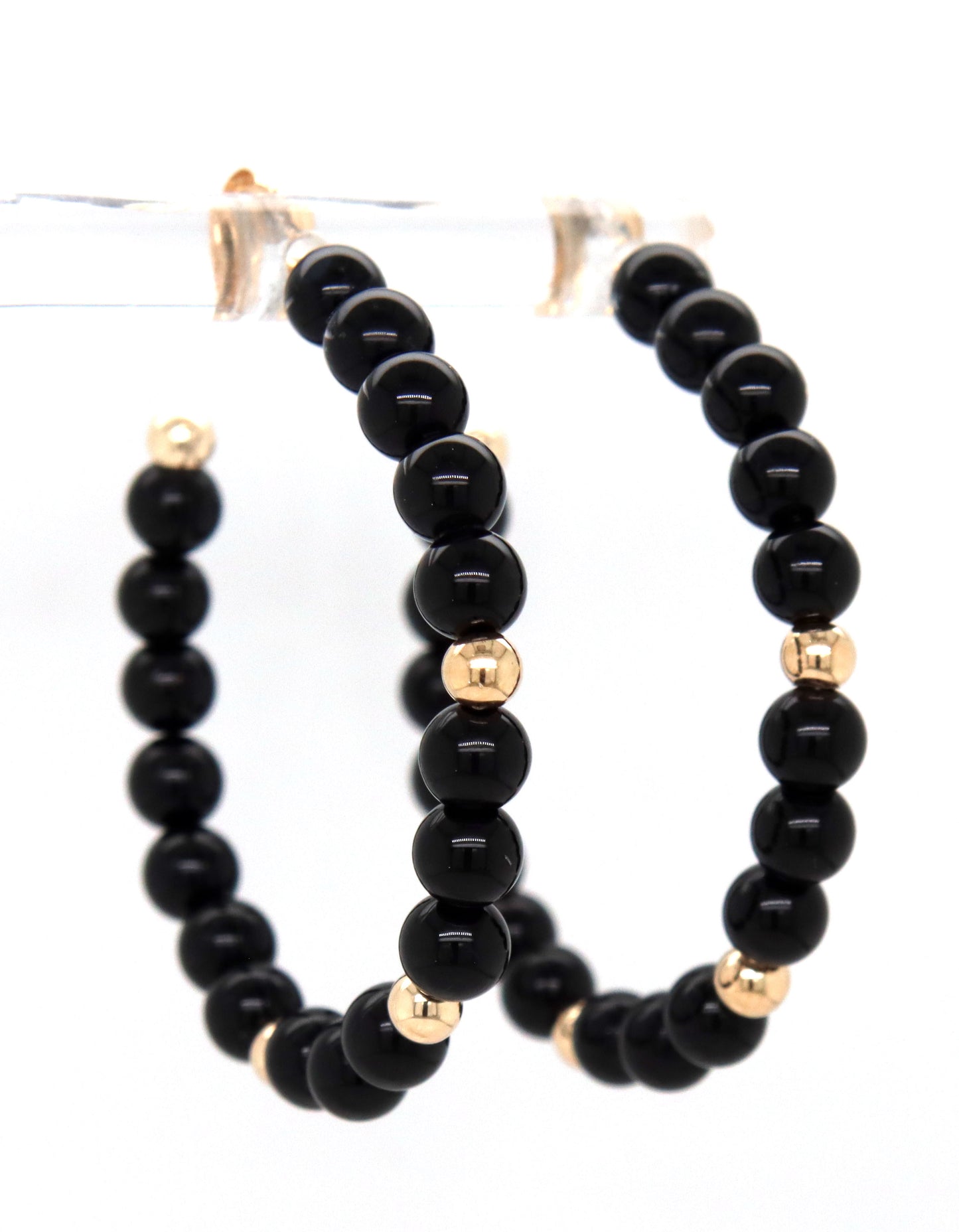 14kt Yellow gold black onyx and gold bead hoop earrings