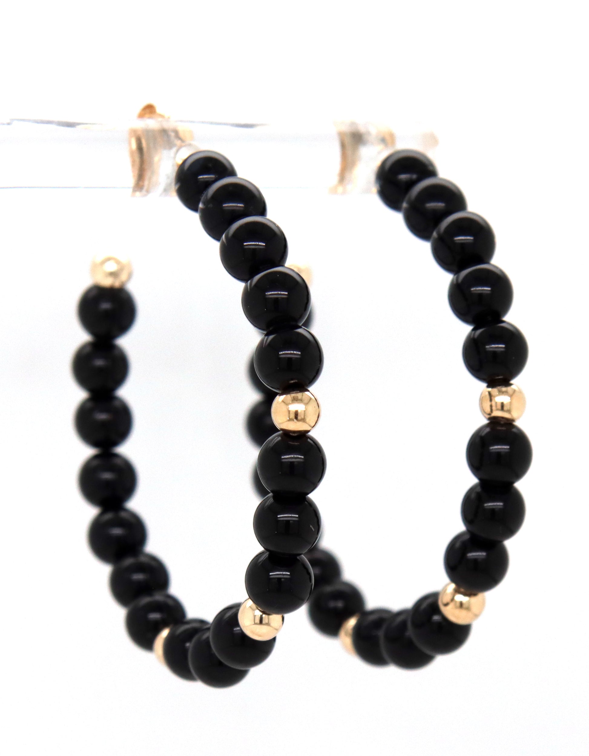 14kt Yellow gold black onyx and gold bead hoop earrings